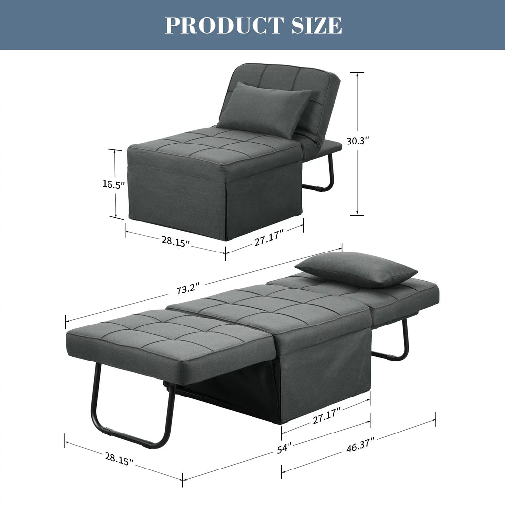 Ainfox Ottoman Chair Lounger Bed .4 in 1 Breathable Linen Convertible Single Sofa Couch, 73.23''L x 33.86''W(Dark Grey)(Beige)