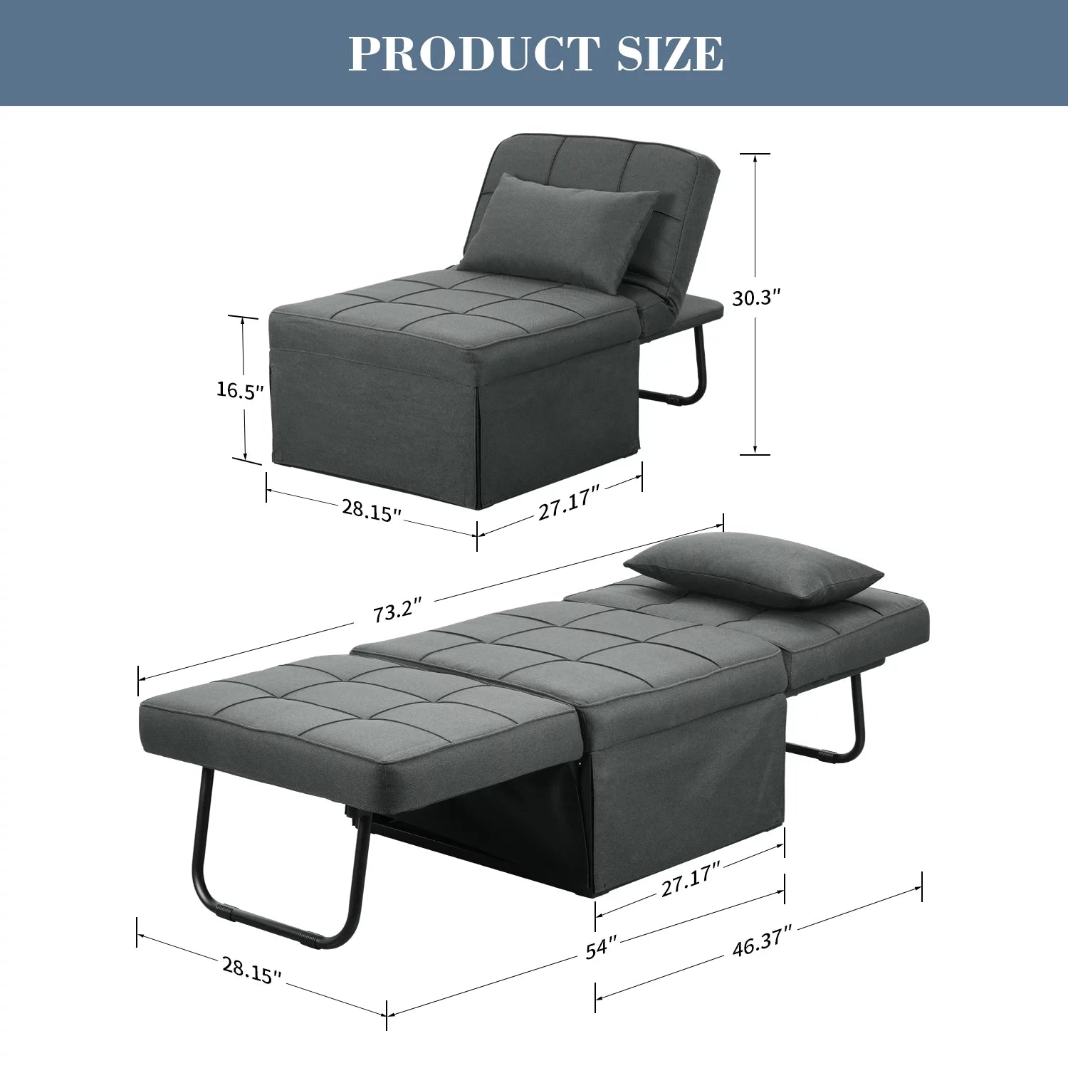 Ainfox Ottoman Chair Lounger Bed .4 in 1 Breathable Linen Convertible Single Sofa Couch, 73.23''L x 33.86''W(Dark Grey)(Beige)
