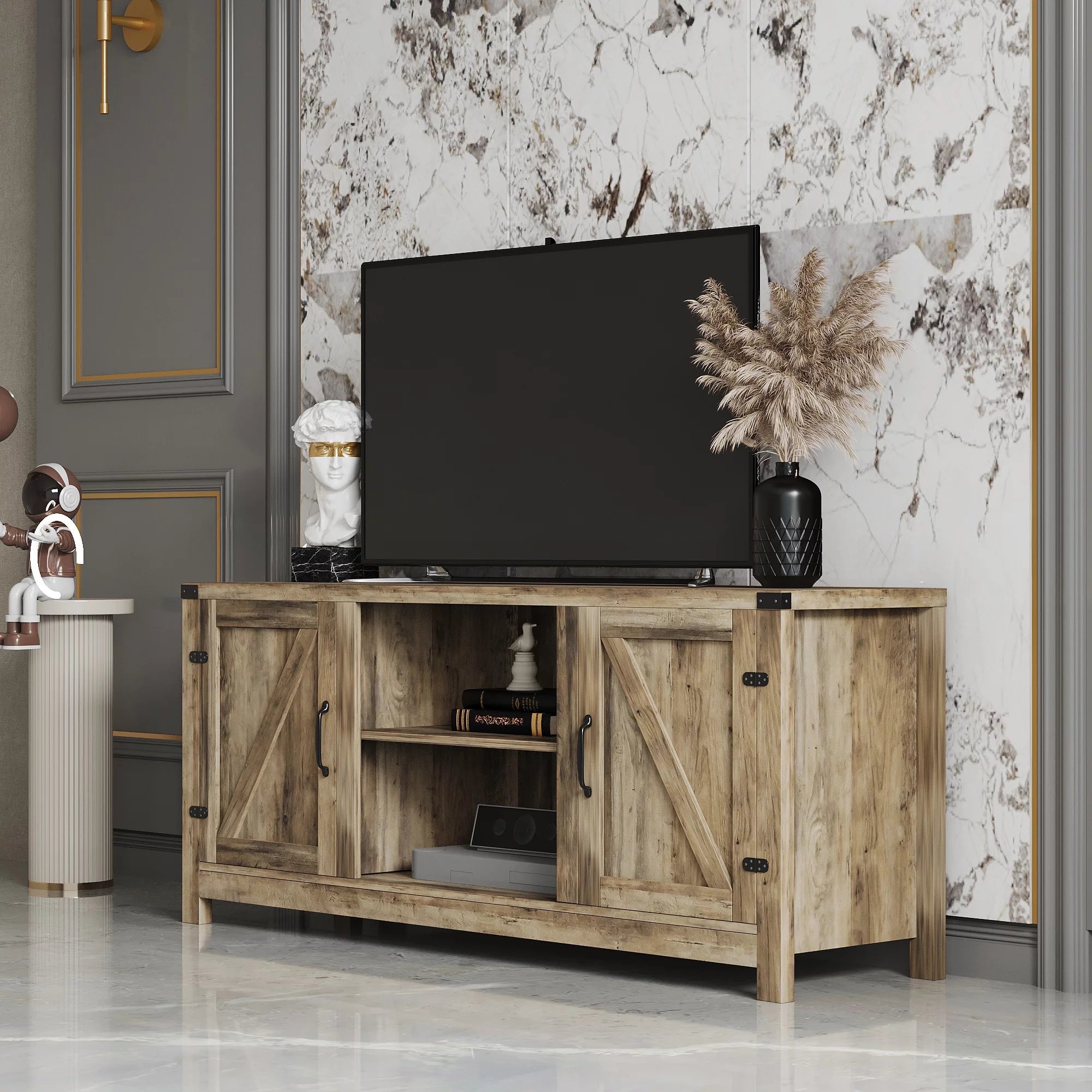 Vebreda Modern Farmhouse TV Stand Rustic Barn Two-Door TV Cabinet for TVs up to 65", Gray Wash