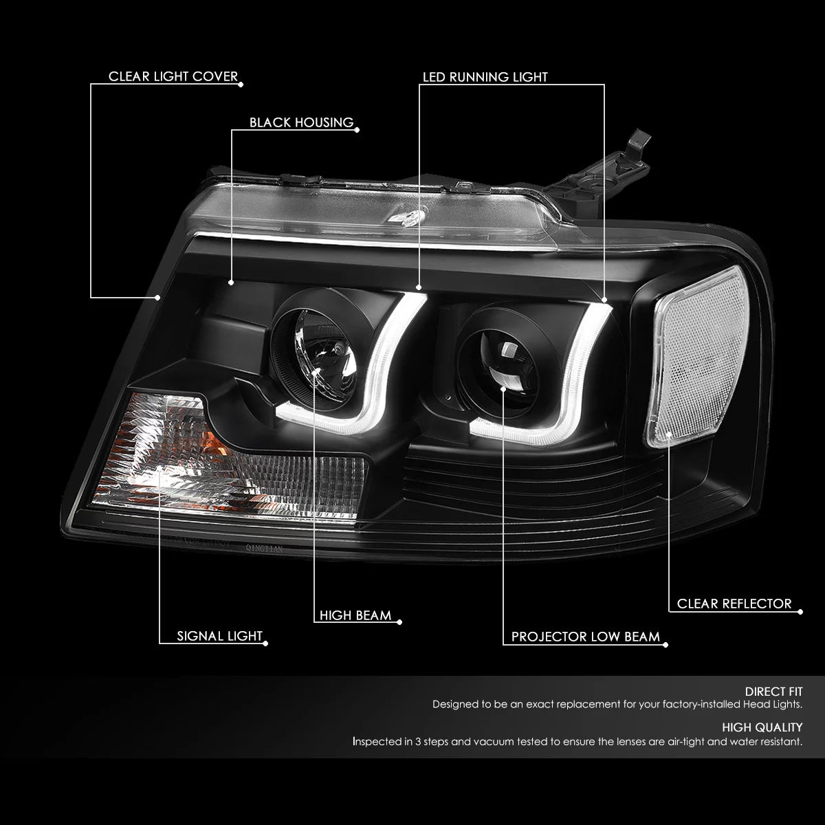 DNA Motoring HL-3DLB-F1504-BK-CL1 For 2004 to 2008 Ford F150 Lincoln Mark LT Dual LED DRL Light Bar Projector Headlight Black Housing Clear Corner Headlamp
