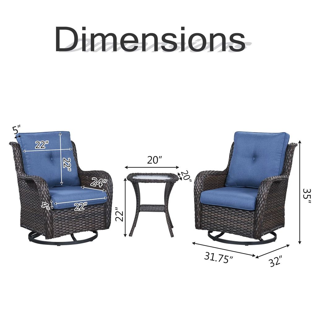 PARKWELL 3-Piece Outdoor Swivel Gliders with Side Table - Patio Wicker Bistro Furniture Set for Porch Deck Backyard - Blue Cushioned Swivel Rocking Chairs in Brown Wicker