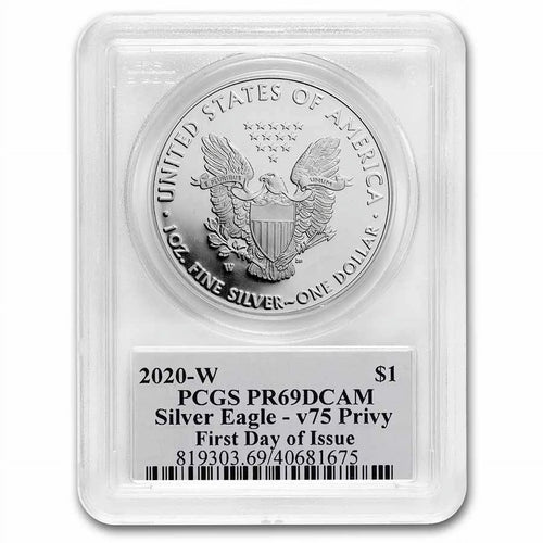 2020-W Proof Silver Eagle PR-69 PCGS (FDI, V75 Privy, WW2 Label)