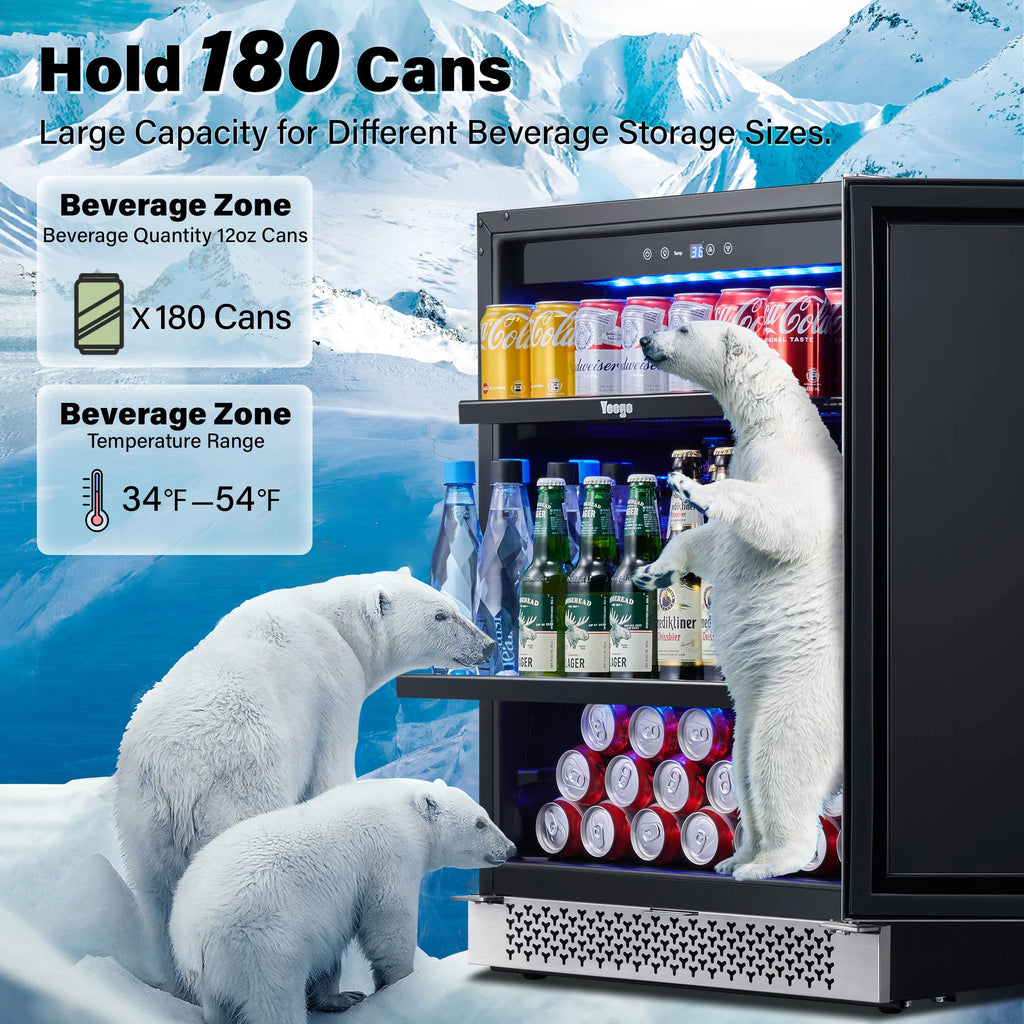 Yeego 24" Beverage Refrigerator, 180 Can Beverage Fridge with Advanced Cooling System Reversible Door Beverage Cooler Built-in or Freestanding for Beer Soda Wine Water