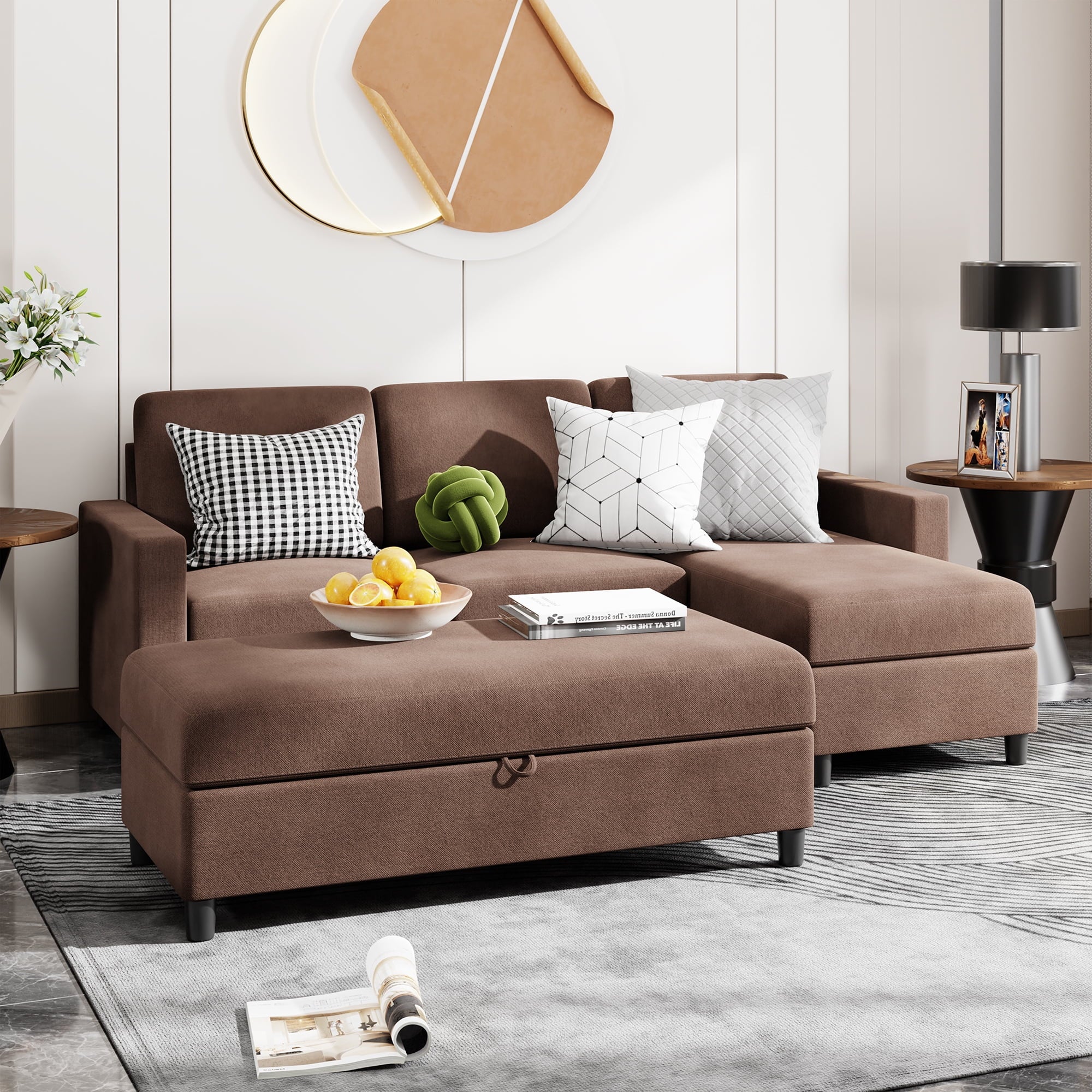 Walsunny Linen Fabric Convertible L-Shaped Sectional Sofa(Dark Gray)