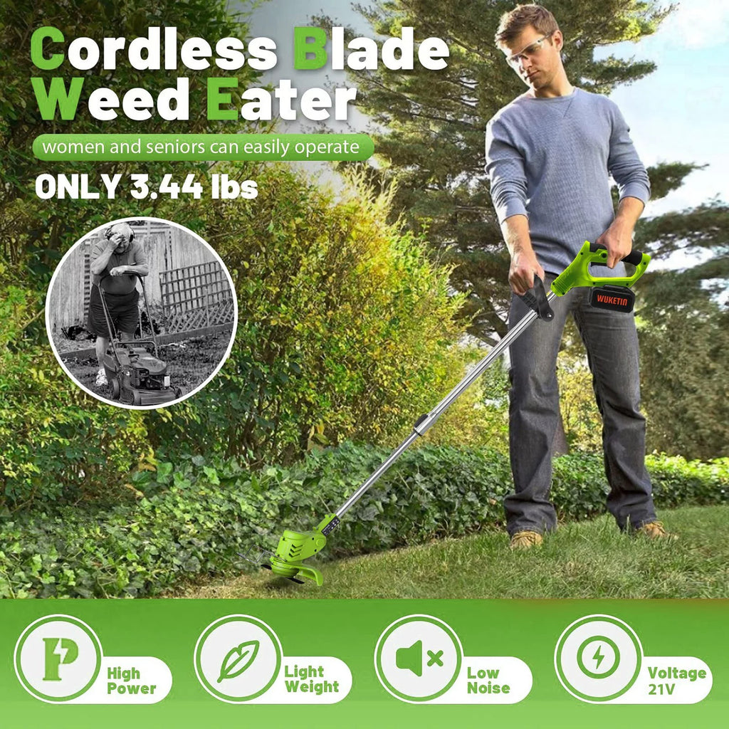 WUKETIN Cordless Grass String Trimmer, Lightweight Weed Eater, 21V Electric Lawn Edger with 2 Battery, Wheel, 11 Blades