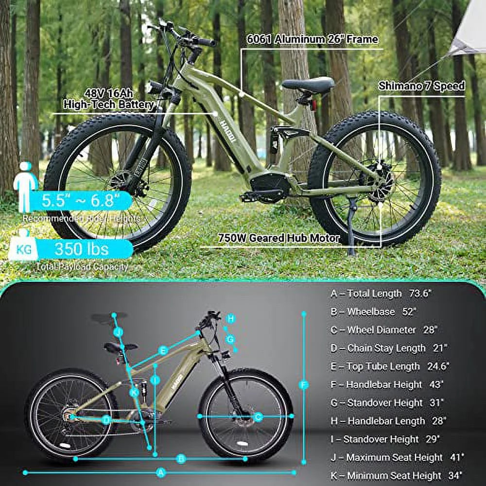 HAOQI Army Green Cheetah Electric Bike for Adults, 48V 25Ah Removable Dual Batteries Ebike, 750W Brushless Motor up to 28MPH, Shimano 7-Speed, 26" x 4.0 Fat Tire Full Suspension Mountain Bike