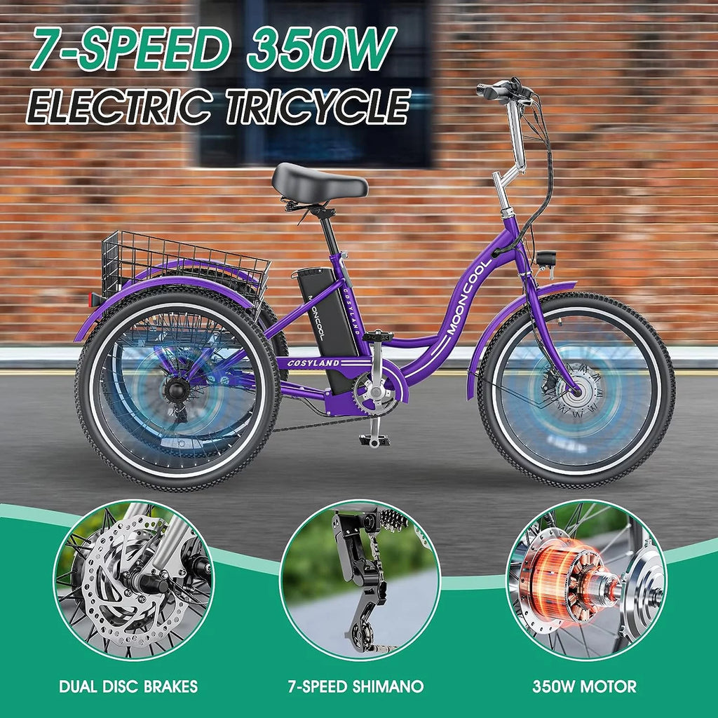 Mooncool 24" 26" 3 Wheel Electric Tricycle for Adults, 350W 36V 7 Speeds Motorized Electric Trike Three Wheel Electric Bikes Bicycle with Large Basket & Accessories for Women Men