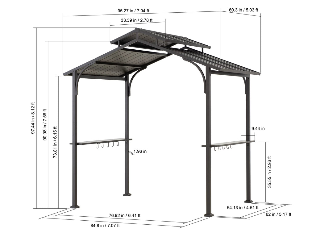 Sunjoy Hanscom 5 ft. x 8 ft. Brown Steel Frame Double Tiered Hardtop Grill Gazebo with Ceiling Hook and Shelves