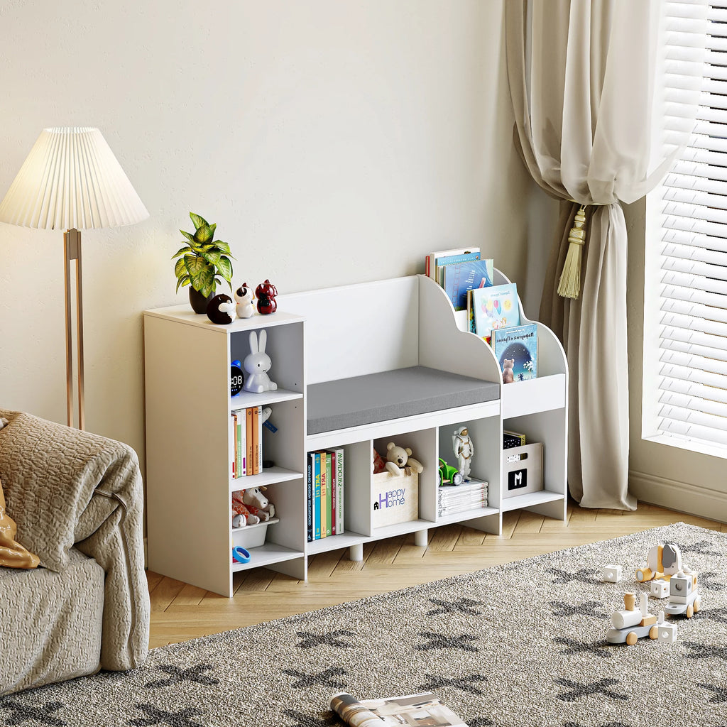 Homfa 31.5'' H x 54.5'' W Kids Bookshelf with Reading Nook, 2 Seats 7 Toy Shelves Wooden Kids Storage Organizer, White