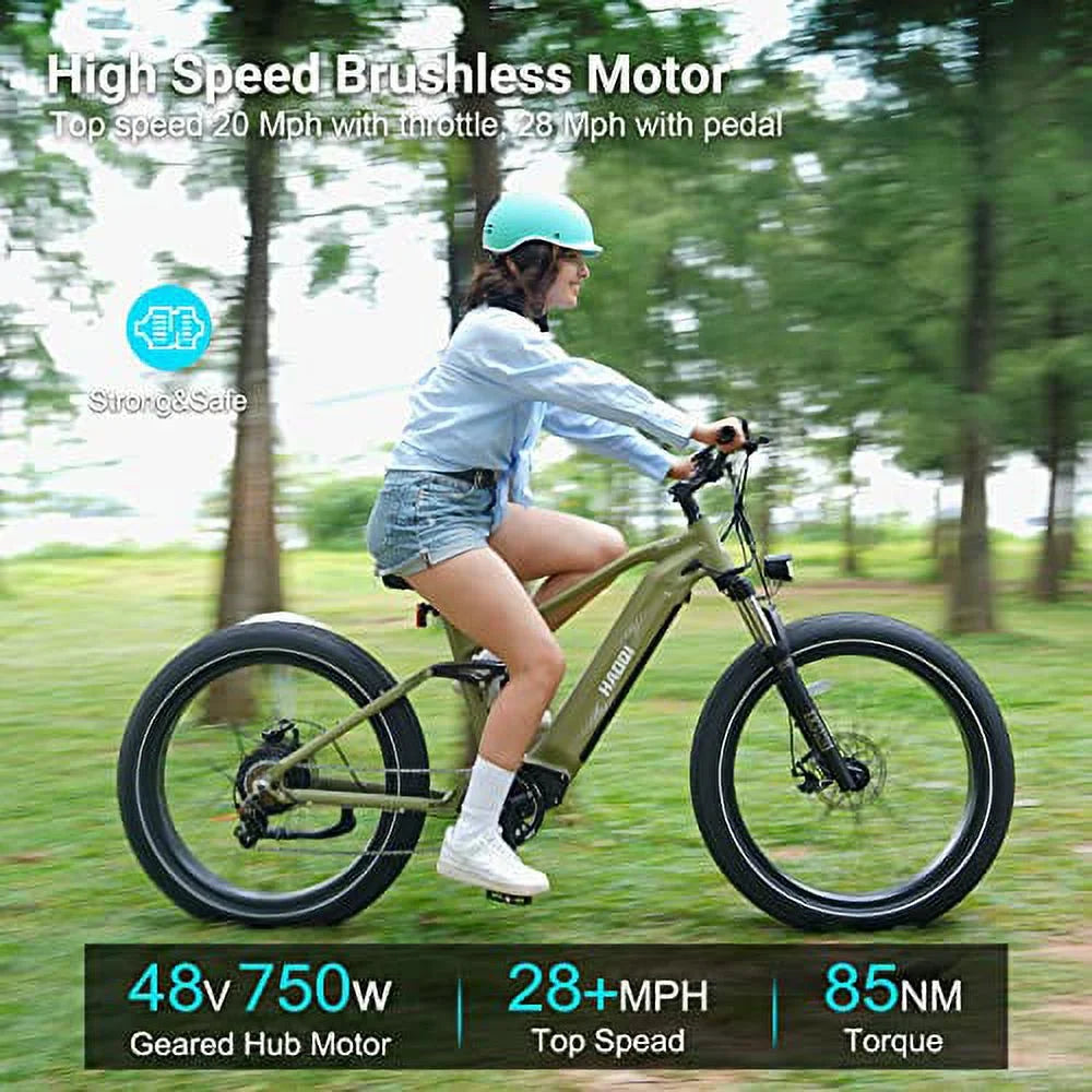 HAOQI Army Green Cheetah Electric Bike for Adults, 48V 25Ah Removable Dual Batteries Ebike, 750W Brushless Motor up to 28MPH, Shimano 7-Speed, 26" x 4.0 Fat Tire Full Suspension Mountain Bike