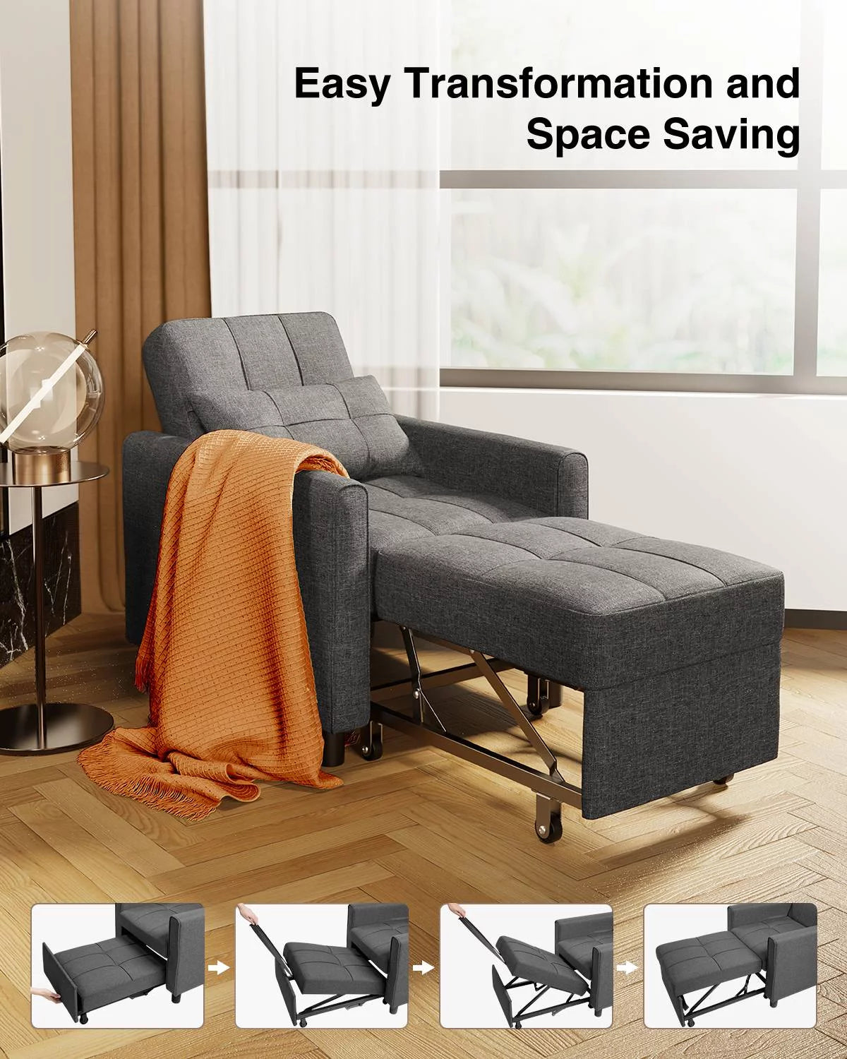 Sofa Beds Chair 3 in 1, Convertible Chair Single Bed,Dark Grey