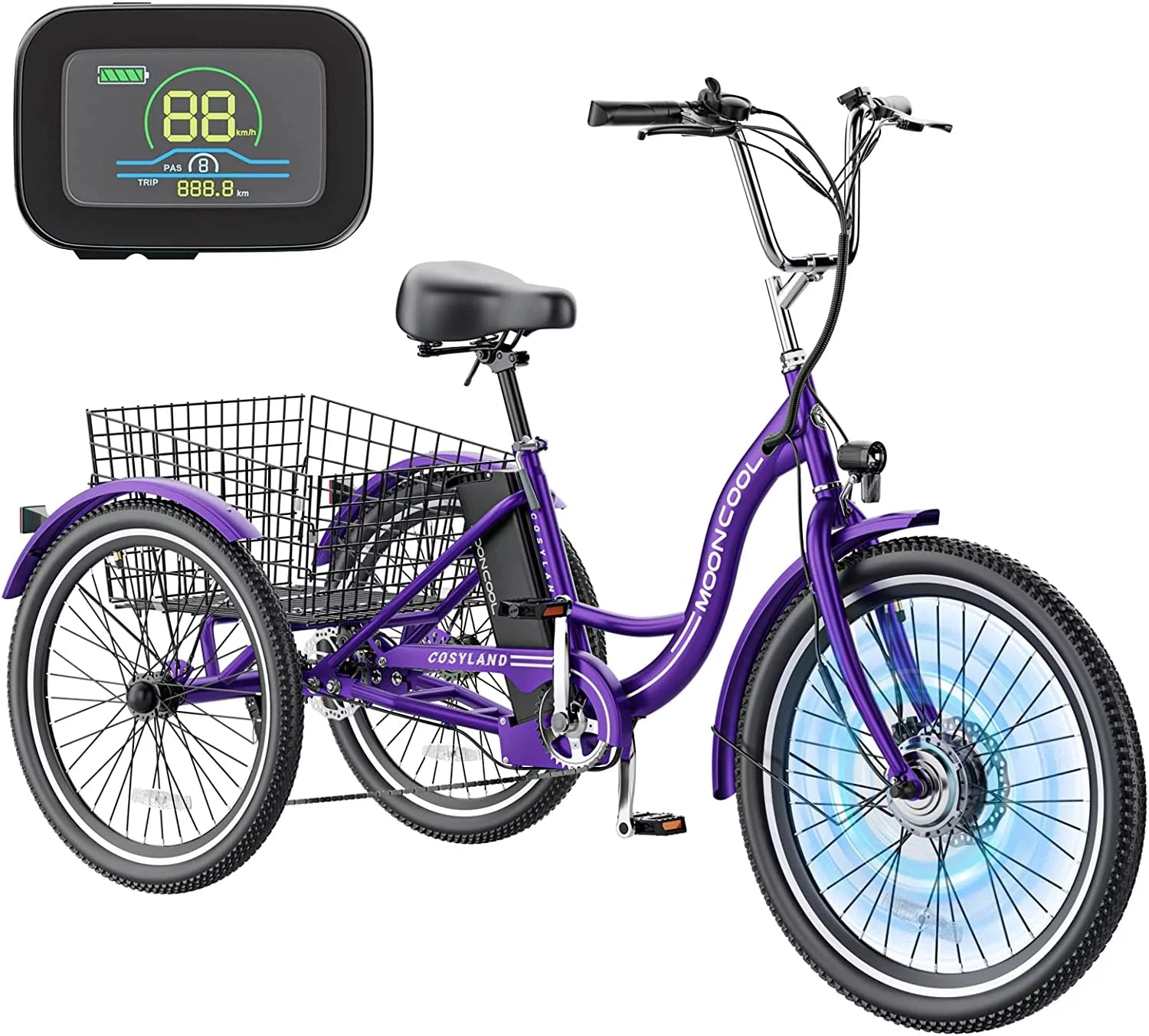 Mooncool 24" 26" 3 Wheel Electric Tricycle for Adults, 350W 36V 7 Speeds Motorized Electric Trike Three Wheel Electric Bikes Bicycle with Large Basket & Accessories for Women Men