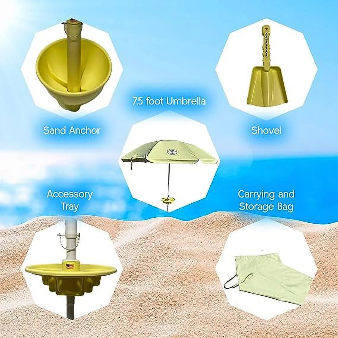 Anchor Works All-In-One Beach Umbrella System - Includes AnchorONE Sand Anchor, 7.5 foot Umbrella (50+ UPF), Carrying and Storage Bag, Shovel and Accessory Tray - 5 Great Color Options (Yellow)