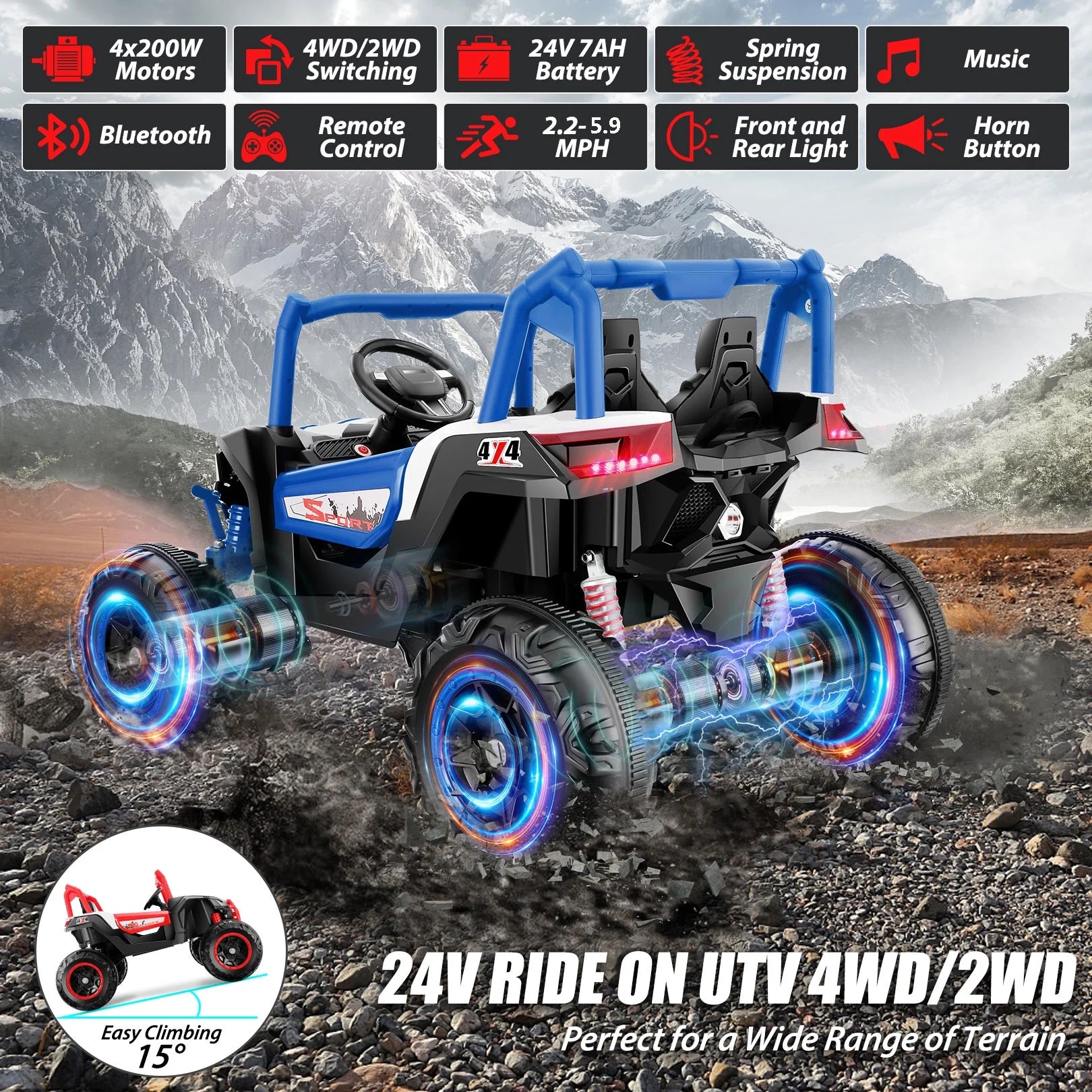 Funcid 4WD 24V Ride on Toys 2 XL Seater Kids Ride on Cars w/ Remote Control, 4*200W Motor, Electric Off-Road UTV 7AH Battery Powered 4-Wheeler Vehicle w/ Bluetooth, Music, 3-Speed, LED Light, Blue