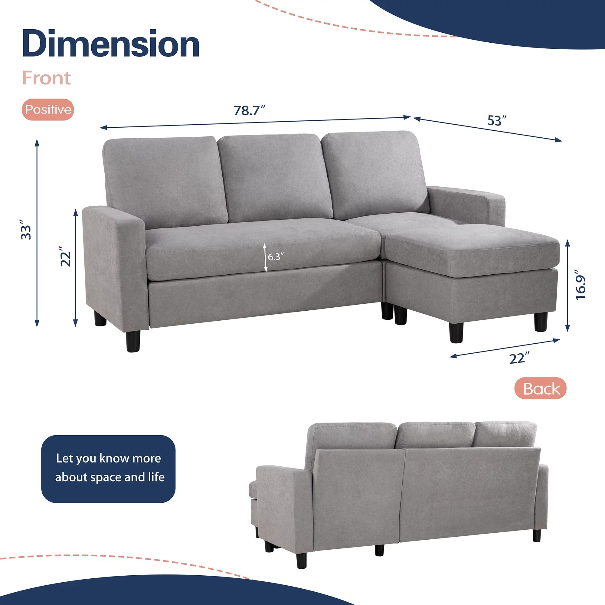 Walsunny Linen Fabric Convertible L-Shaped Sectional Sofa(Dark Gray)
