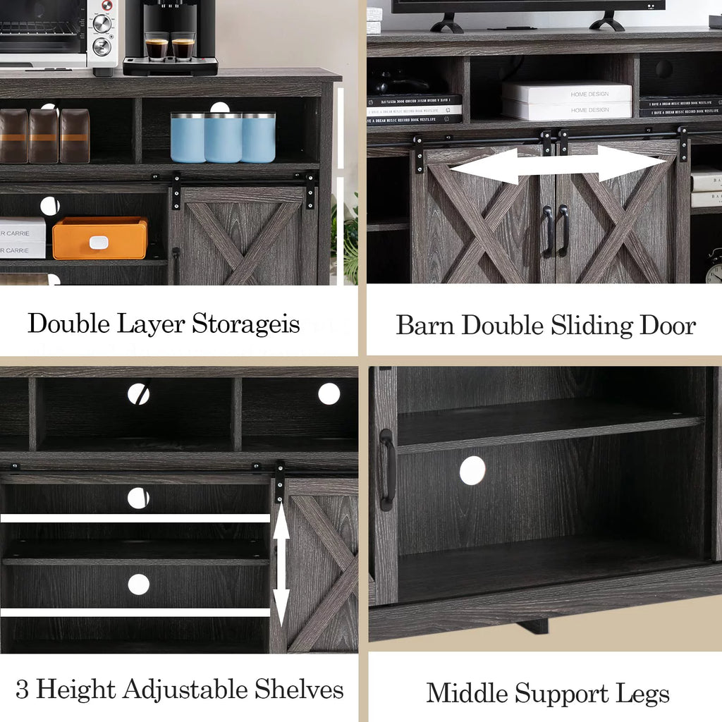 4 Layer Farmhouse Coffee Bar Cabinet With Power Outlet & LED Light, 57" Barn Door Buffet Cabinet Kitchen Storage With Adjustable Shelves(Brown)