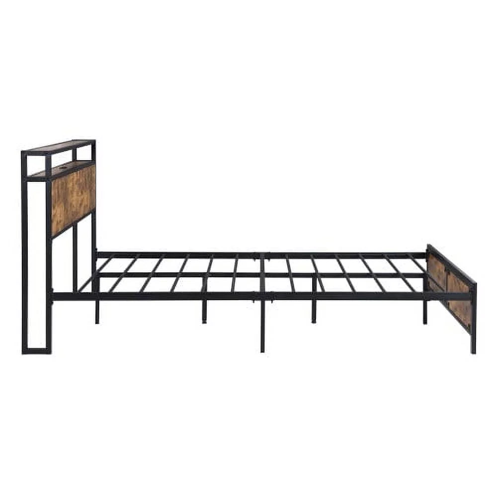 Full Bed Frame with LED Lights,Full Size Bed Frame with Headboard Storage,Platform Bed Frame with Outlets and 2 USB Ports,Metal Bed Frame with Storage,Noise Free,No Box Spring Needed,Antique Brown