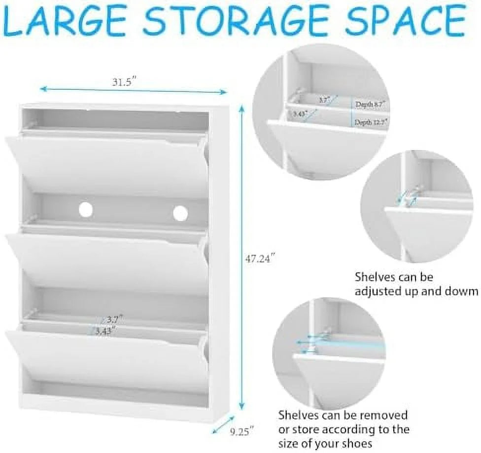 HOOMHIBIU Shoe Cabinet with 3 Flip Drawers Wood Entryway Shoe  Cabinet Freestanding Shoe Rack  Organizer for Entryway  Hallway  White and Rustic Brown 9.33" D x 31.5" W x 47.2"