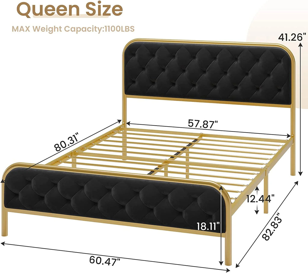 EPHEX Queen Upholstered Bed Frame with Button Tufted Headboard Heavy Duty Metal Platform Bed Frame with Velvet Headboard, Gold & Black