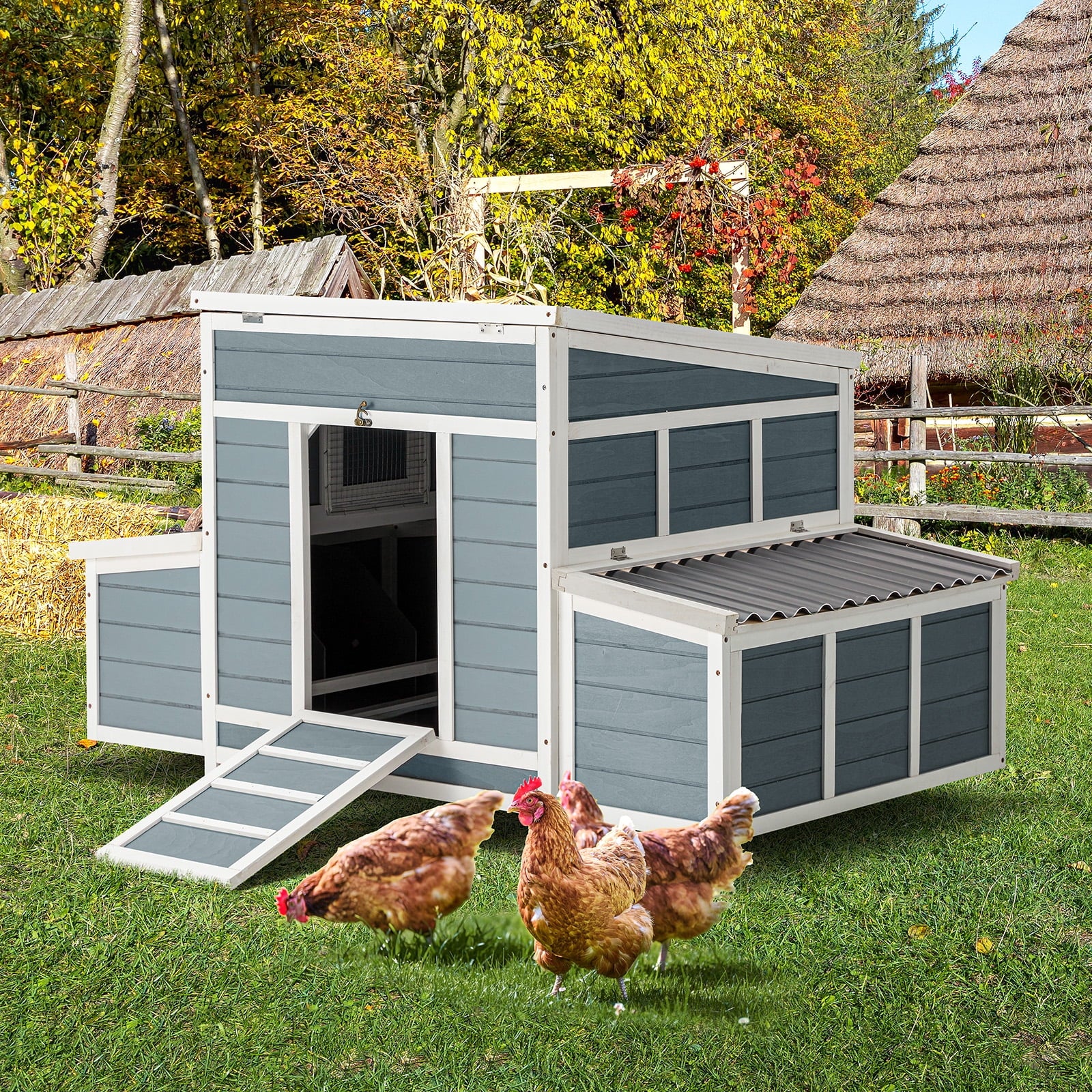 AECOJOY 56 Large Chicken Coop with 6 Nesting Boxes Wooden Hen House Outdoor Chicken Cage Poultry Hutch w/Ramps, Removable Tray for Easy Cleaning