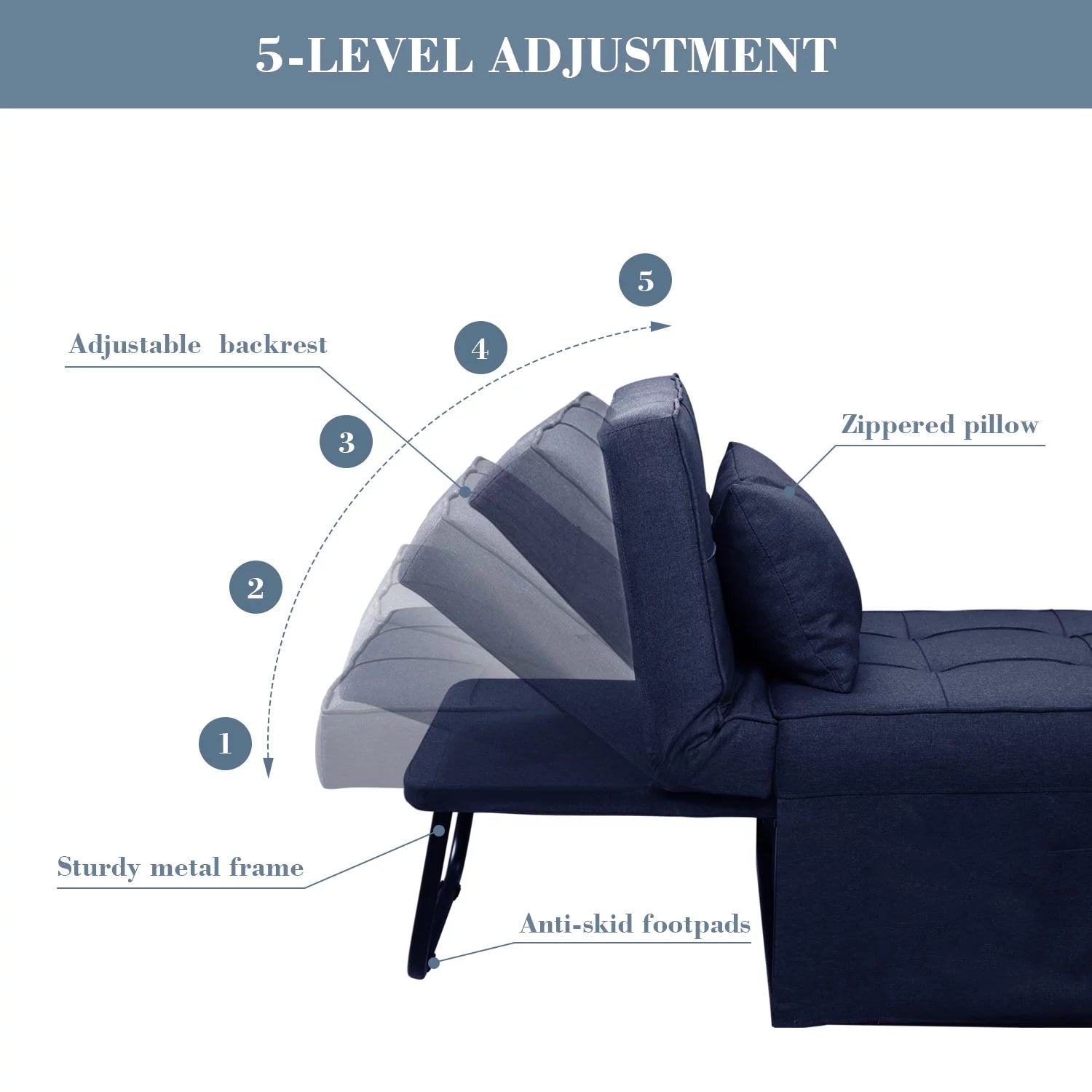 Ainfox Ottoman Chair Lounger Bed .4 in 1 Breathable Linen Convertible Single Sofa Couch, 73.23''L x 33.86''W(Dark Blue)