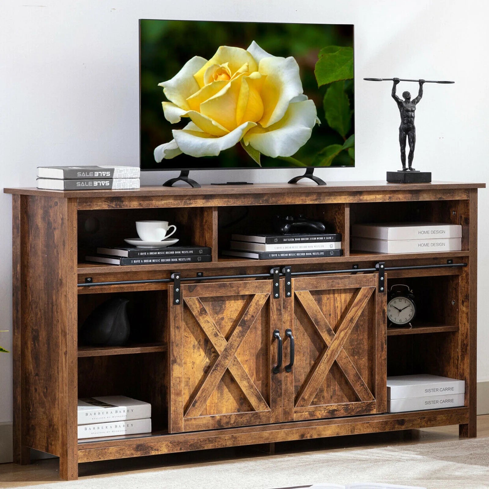 4 Layer Farmhouse Coffee Bar Cabinet With Power Outlet & LED Light, 57" Barn Door Buffet Cabinet Kitchen Storage With Adjustable Shelves(Brown)