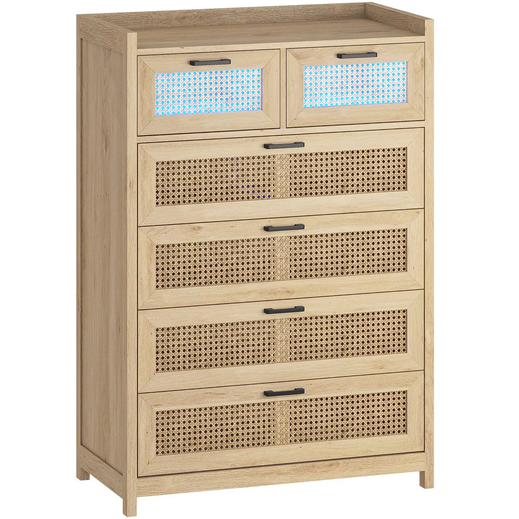 7 Drawer Dressers with LED Light, Natural Rattan Dresser for Bedroom, Hallway, Entryway