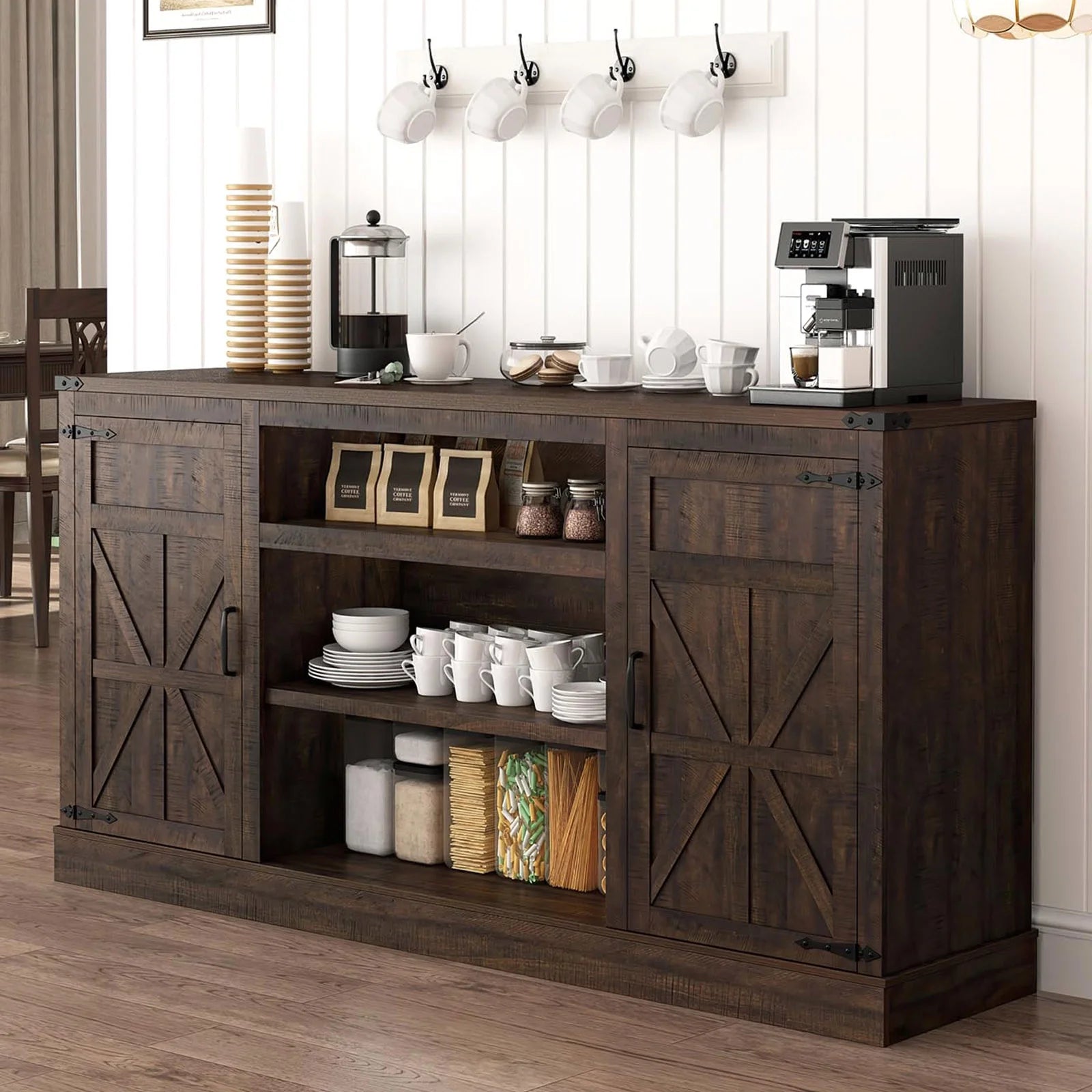 4 Layer Farmhouse Coffee Bar Cabinet With Power Outlet & LED Light, 57" Barn Door Buffet Cabinet Kitchen Storage With Adjustable Shelves(Brown)
