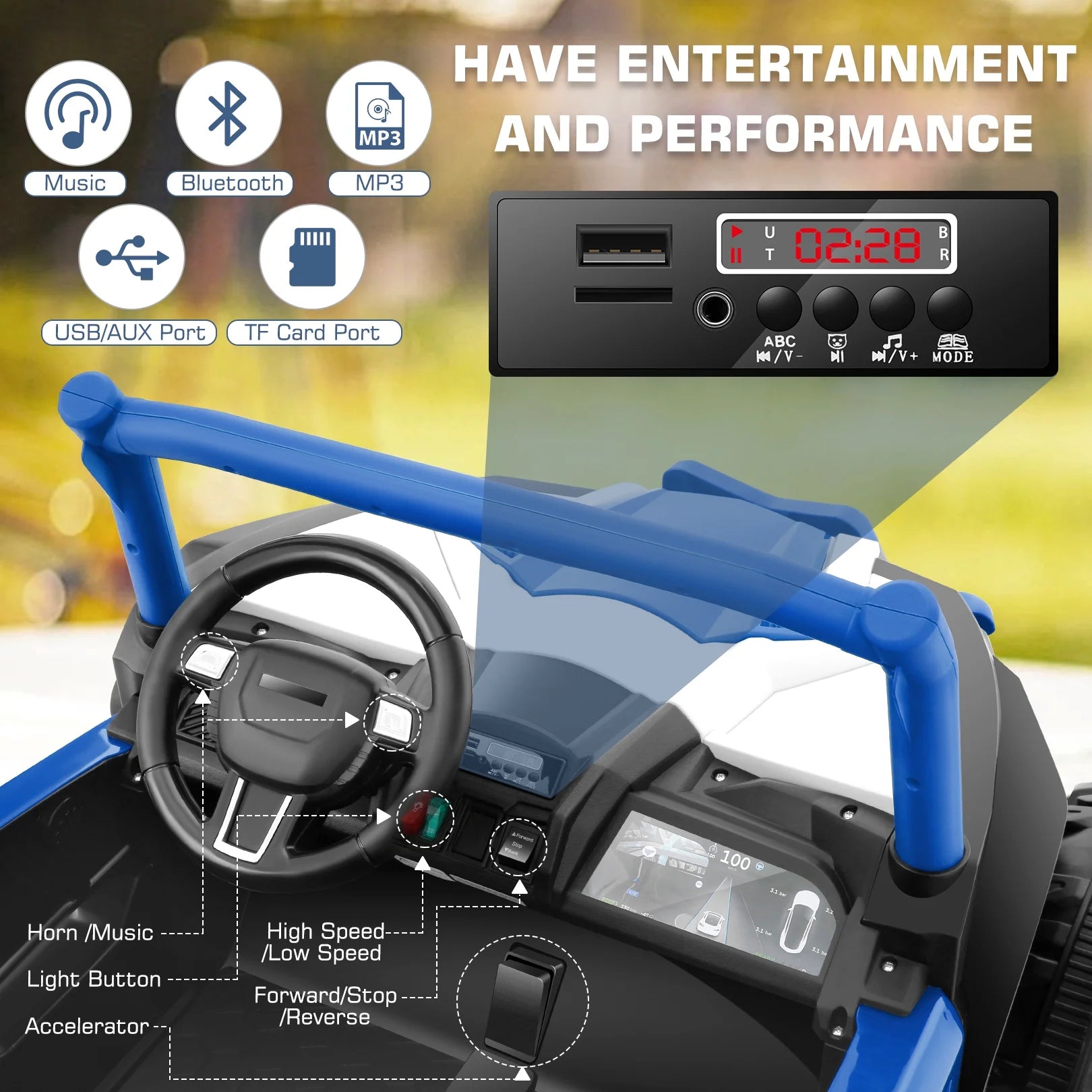 Funcid 4WD 24V Ride on Toys 2 XL Seater Kids Ride on Cars w/ Remote Control, 4*200W Motor, Electric Off-Road UTV 7AH Battery Powered 4-Wheeler Vehicle w/ Bluetooth, Music, 3-Speed, LED Light, Blue