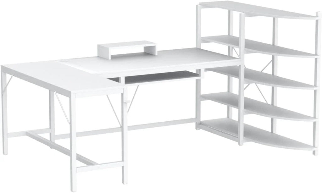 U-SHARE  L Shaped Computer Desk, 63'' Desk with Storage Shelves, Keyboard Tray, Monitor Stand and Headphone Hook, Corner Gaming Desk with LED Lights,