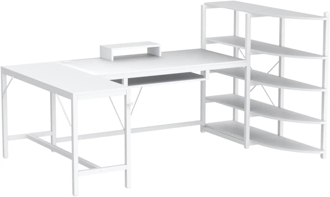 U-SHARE  L Shaped Computer Desk, 63'' Desk with Storage Shelves, Keyboard Tray, Monitor Stand and Headphone Hook, Corner Gaming Desk with LED Lights,