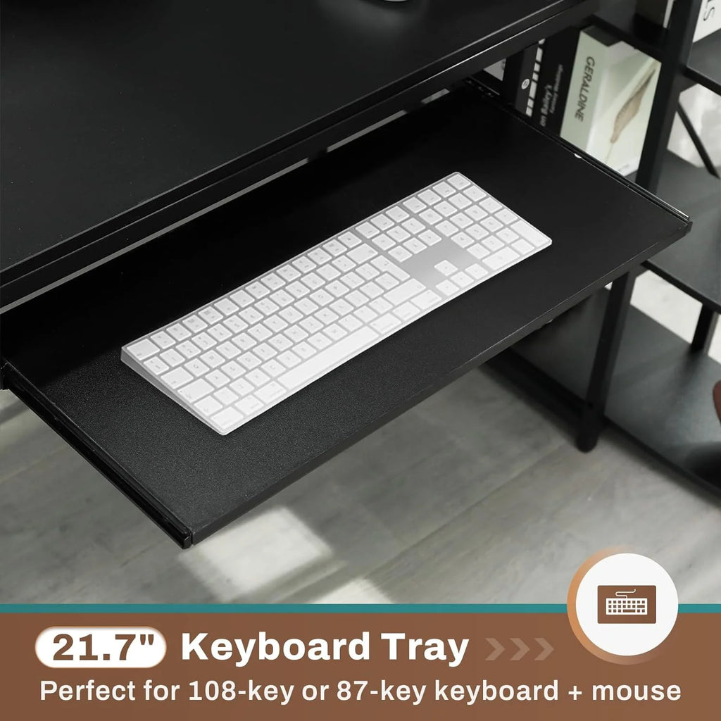 U-SHARE  L Shaped Computer Desk, 63'' Desk with Storage Shelves, Keyboard Tray, Monitor Stand and Headphone Hook, Corner Gaming Desk with LED Lights,