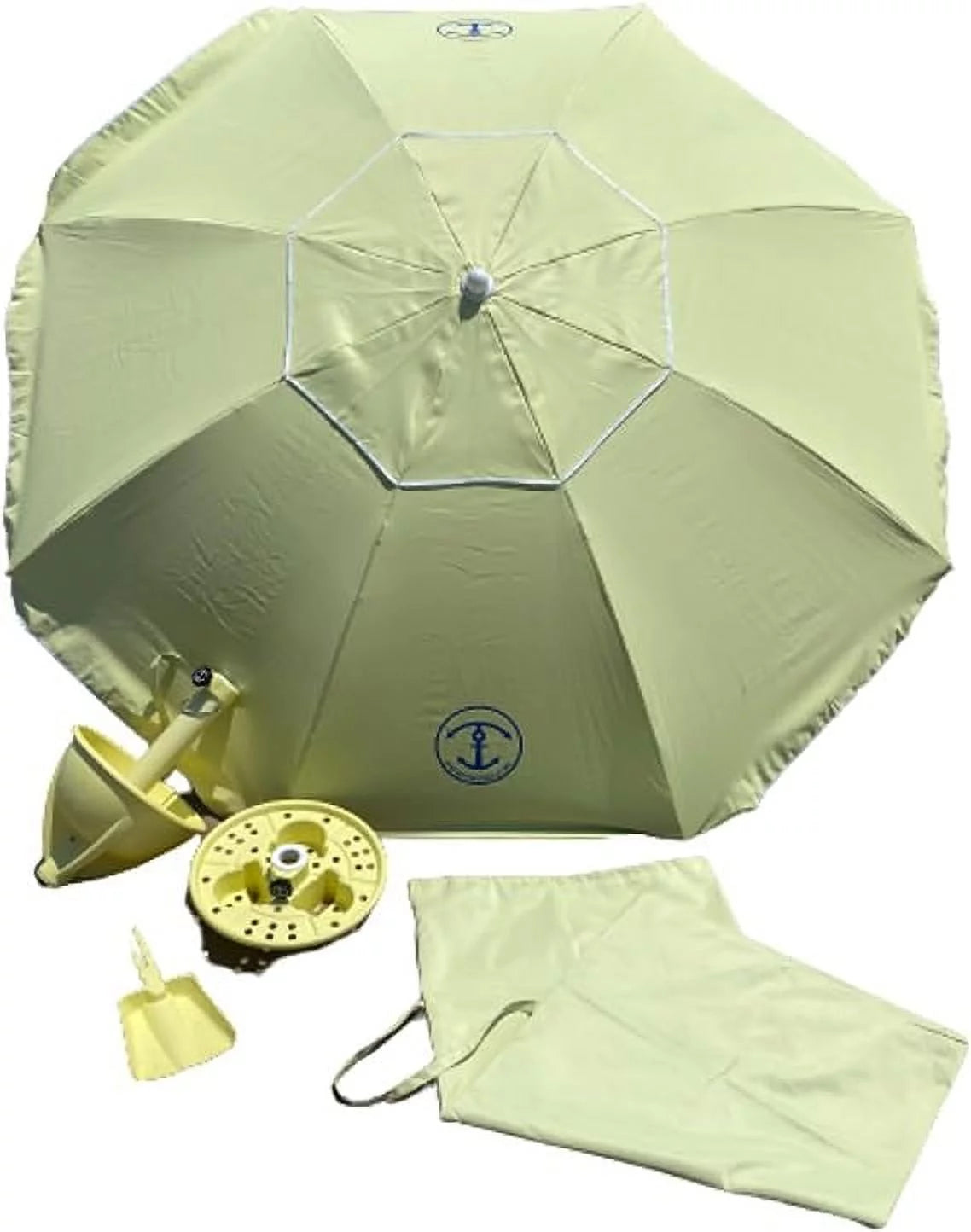 Anchor Works All-In-One Beach Umbrella System - Includes AnchorONE Sand Anchor, 7.5 foot Umbrella (50+ UPF), Carrying and Storage Bag, Shovel and Accessory Tray - 5 Great Color Options (Yellow)