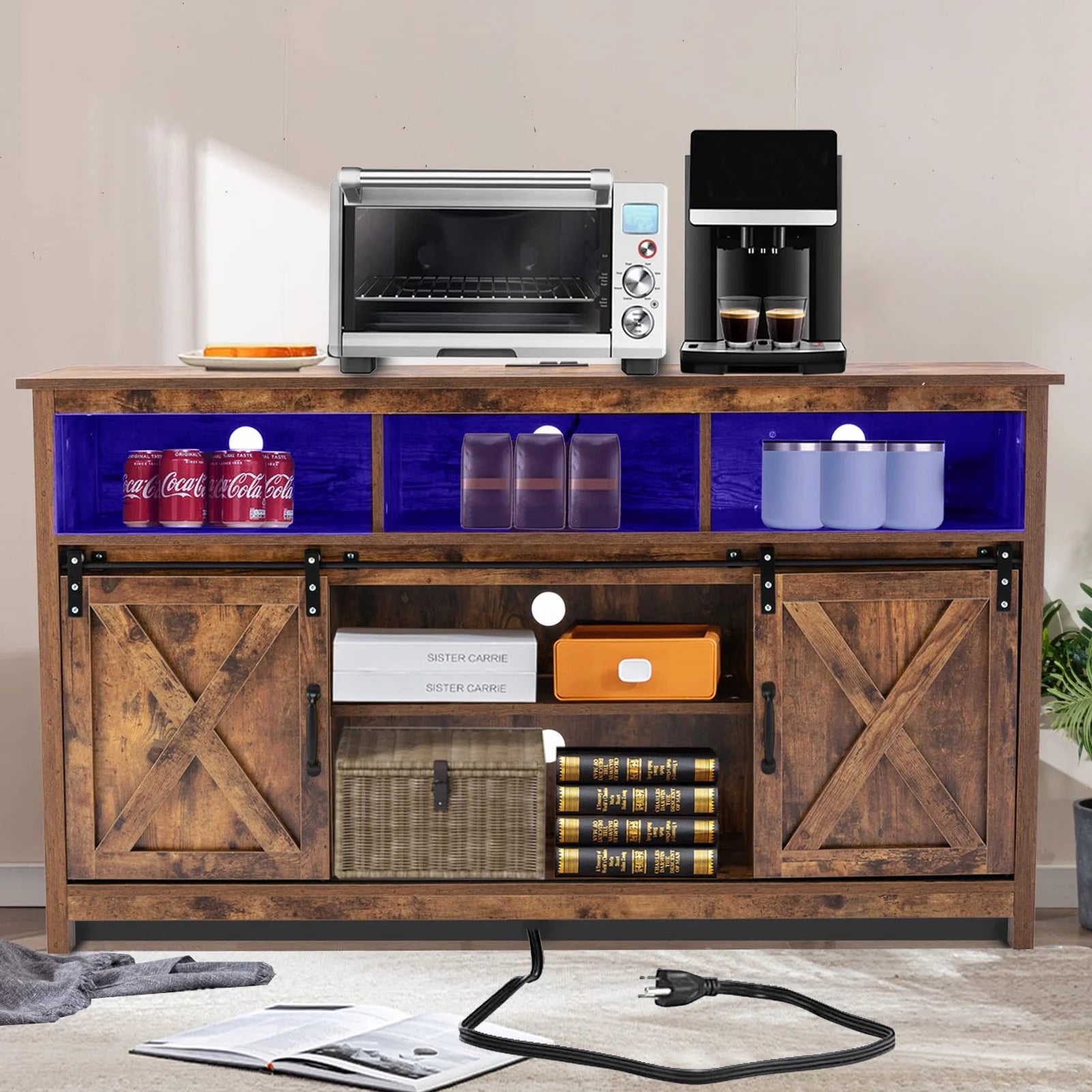 4 Layer Farmhouse Coffee Bar Cabinet With Power Outlet & LED Light, 57" Barn Door Buffet Cabinet Kitchen Storage With Adjustable Shelves(Brown)