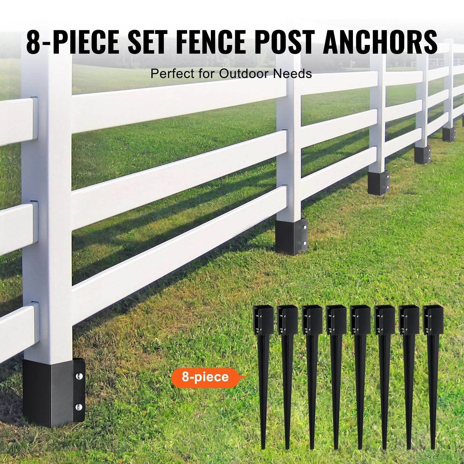 VEVOR Fence Post Anchor Ground Spike - 8 Pack, 36x4x4 Inches, Black Powder-Coated Metal, Fits 3.5x3.5 Inch Posts - Ideal for Mailbox, Deck, Garden Railing