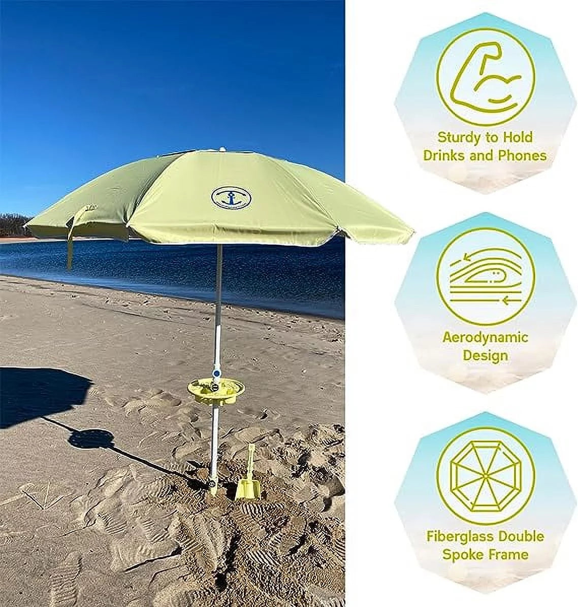 Anchor Works All-In-One Beach Umbrella System - Includes AnchorONE Sand Anchor, 7.5 foot Umbrella (50+ UPF), Carrying and Storage Bag, Shovel and Accessory Tray - 5 Great Color Options (Yellow)