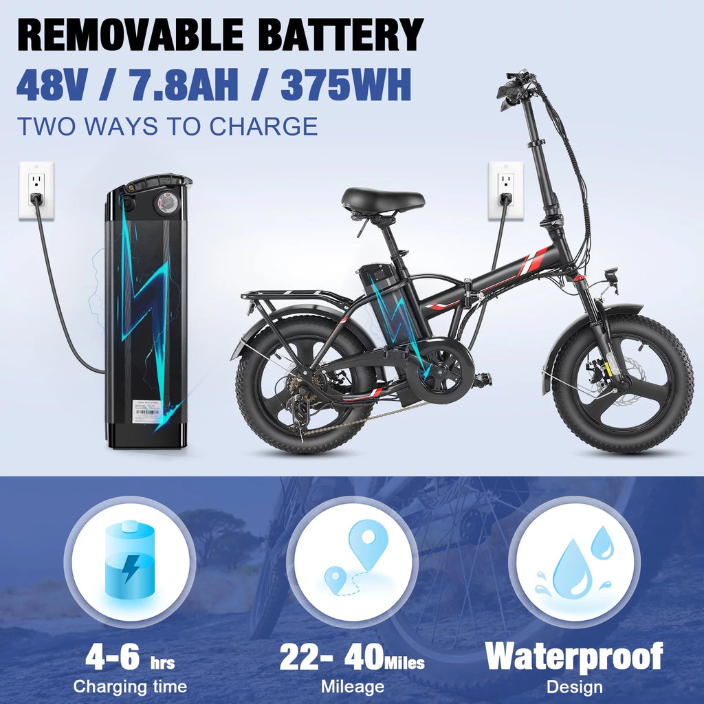Gocio Electric Bike Fat Tire Folding Electric Bicycle for Adults with LCD Display, 350W Ebike 48V City Bike with 374.4wh Removable Battery Shimano 7 Speed Commuting Hybrid Bike UL2849