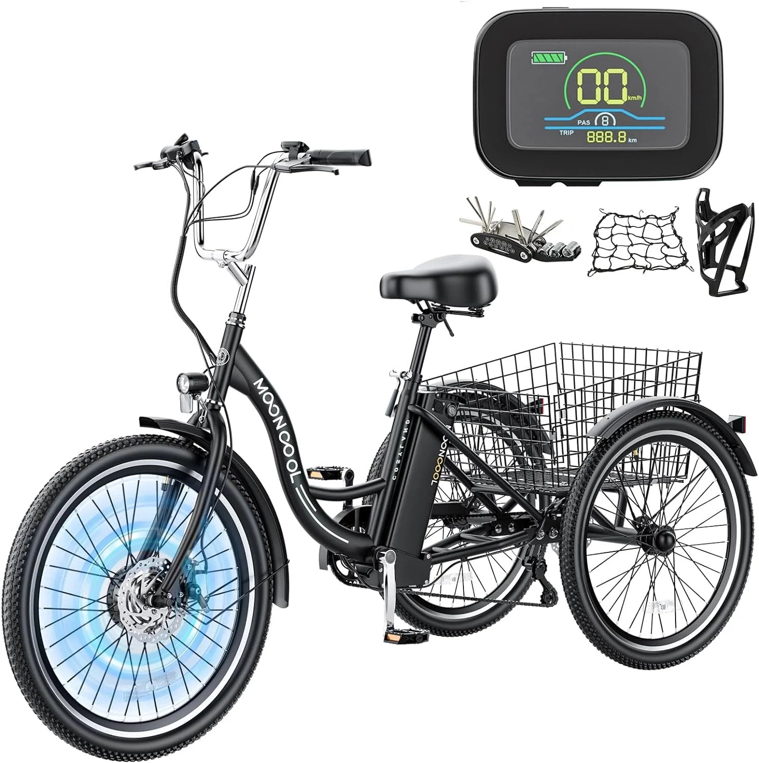 Mooncool 24" 26" 3 Wheel Electric Tricycle for Adults, 350W 36V 7 Speeds Motorized Electric Trike Three Wheel Electric Bikes Bicycle with Large Basket & Accessories for Women Men
