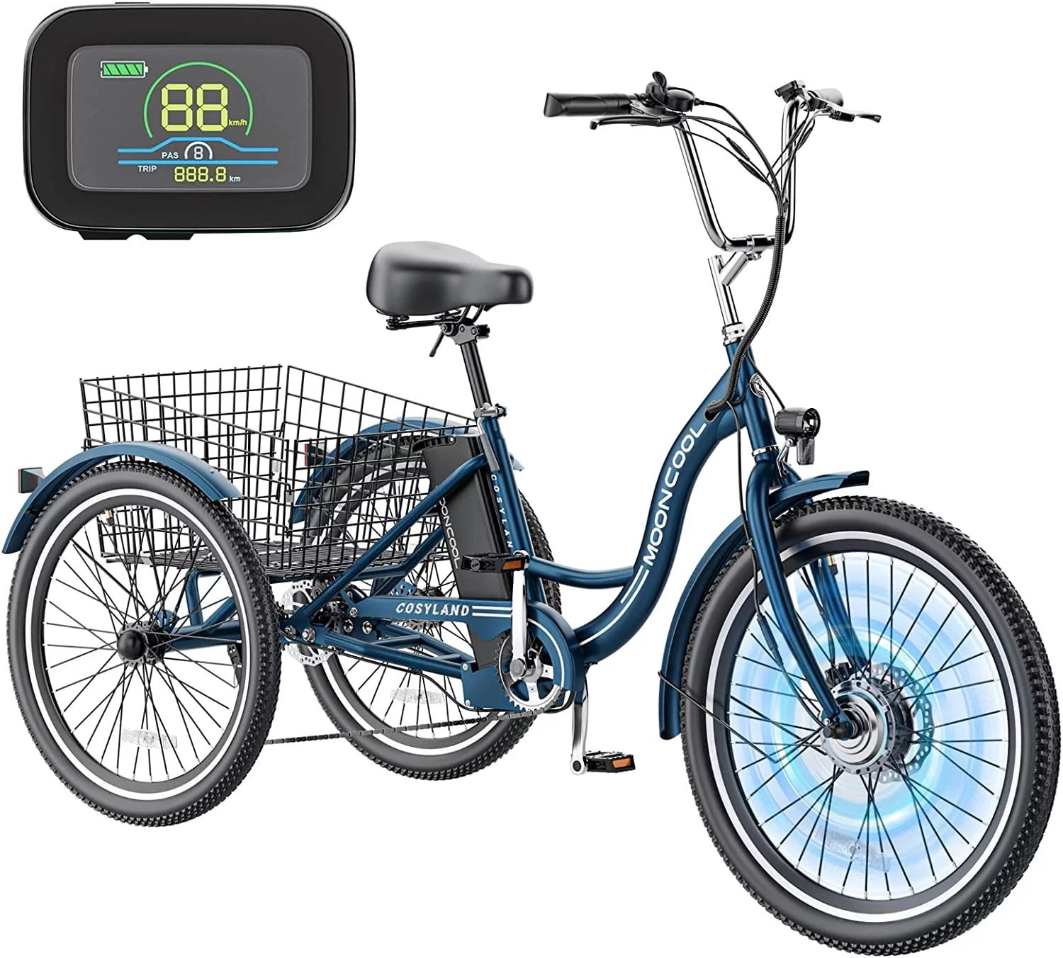 Mooncool 24" 26" 3 Wheel Electric Tricycle for Adults, 350W 36V 7 Speeds Motorized Electric Trike Three Wheel Electric Bikes Bicycle with Large Basket & Accessories for Women Men
