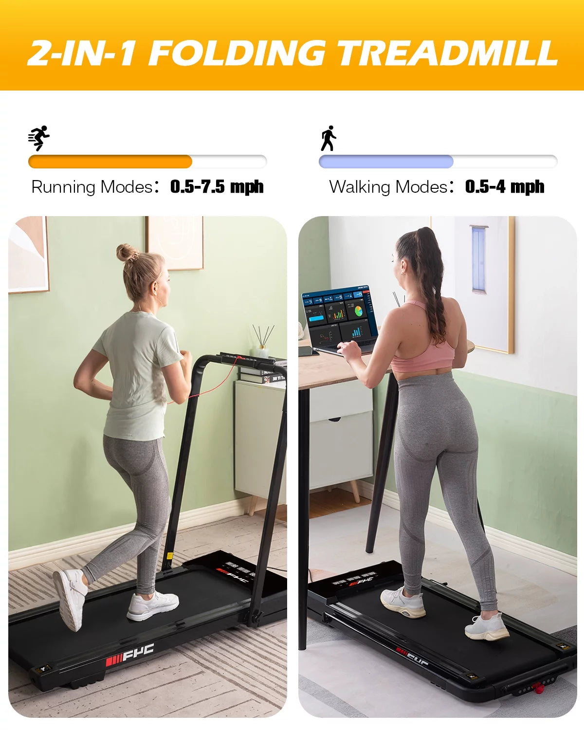 FYC 3.5HP Under Desk Treadmill - 300LBS Weight Capacity, 2-in-1 Foldable Design, Remote Control & LED Display - Compact Electric Walking and Running Machine for Walking, Running, Jogging (White)