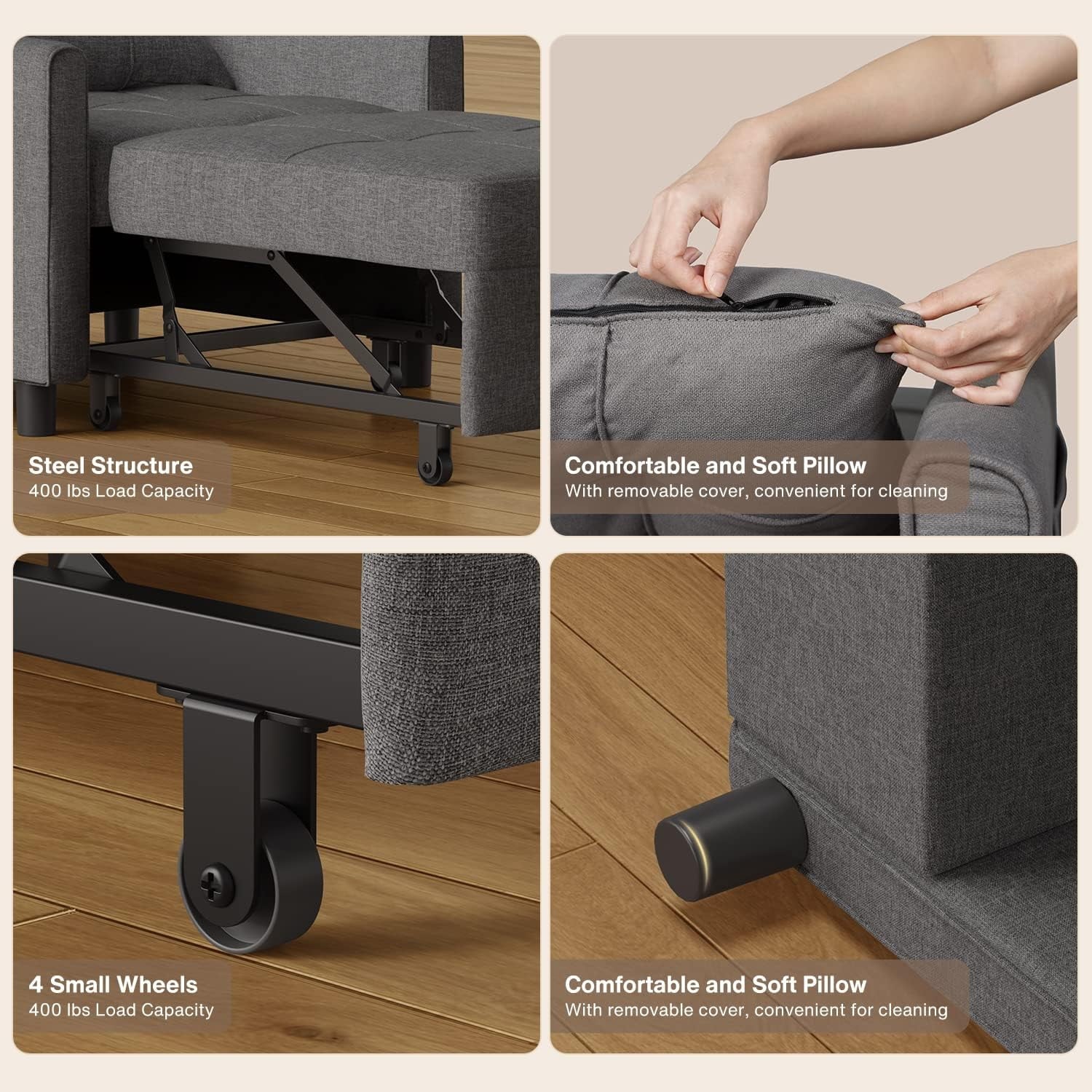 Sofa Beds Chair 3 in 1, Convertible Chair Single Bed,Dark Grey