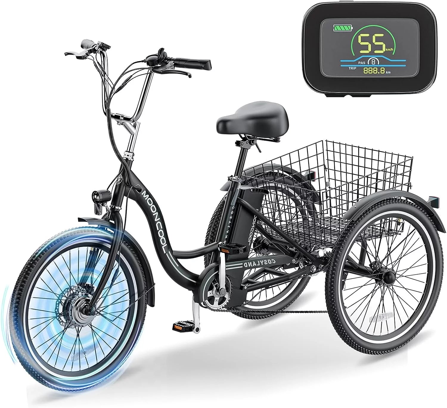 Mooncool 24" 26" 3 Wheel Electric Tricycle for Adults, 350W 36V 7 Speeds Motorized Electric Trike Three Wheel Electric Bikes Bicycle with Large Basket & Accessories for Women Men