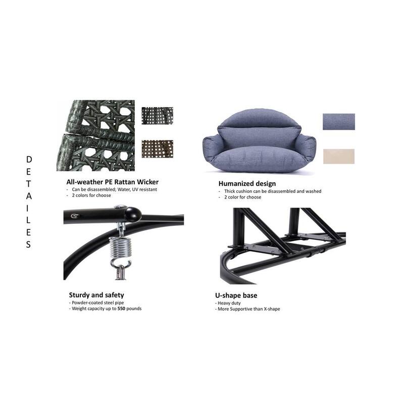 Black Wicker Round Shaped Patio Swing Outdoor Patio Egg Lounge Chair Swing 2 Person with Navy Cushion