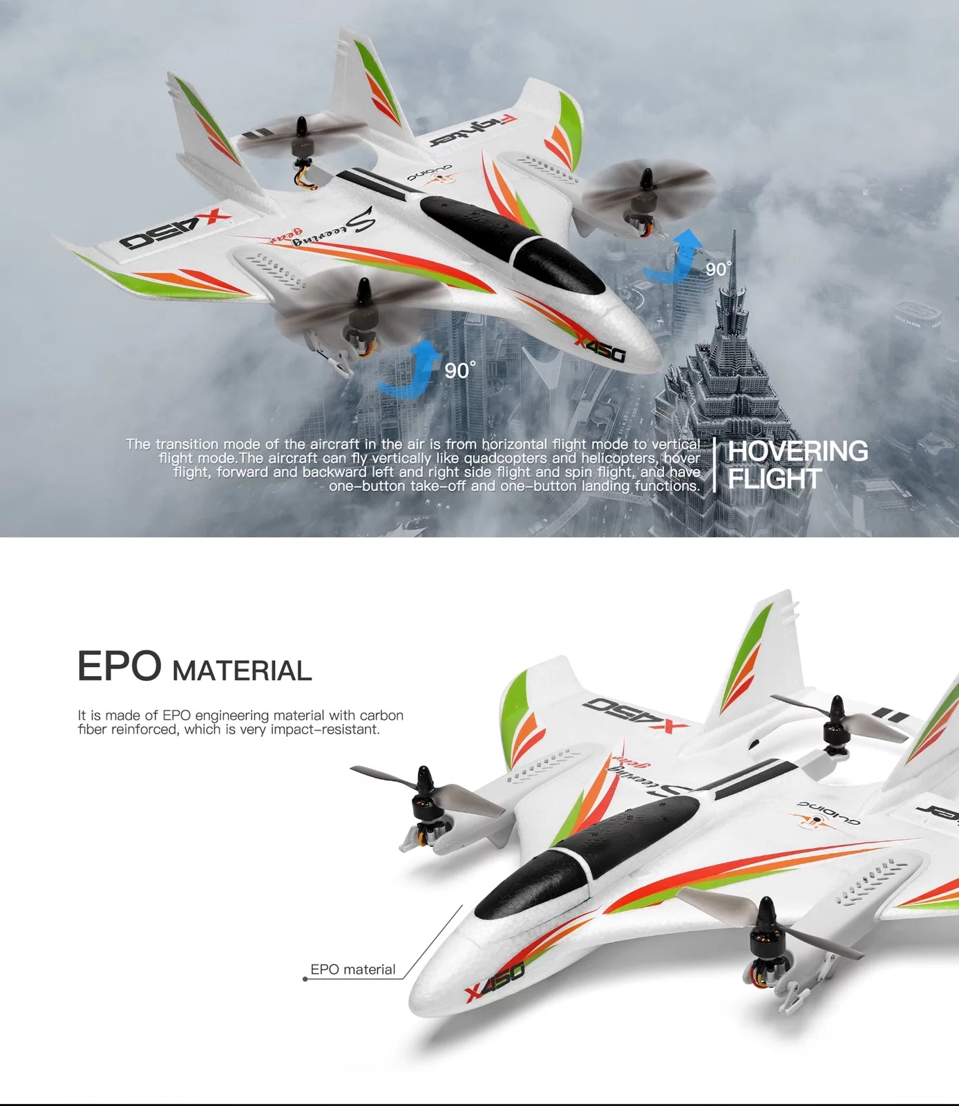 TOPTENG WLtoys XK X450 RC Airplane, 2.4G Remote Control 6 Channel Brushless Motor Aircraft, Vertical Takeoff LED RC Glider Fixed Wing Plane RTF