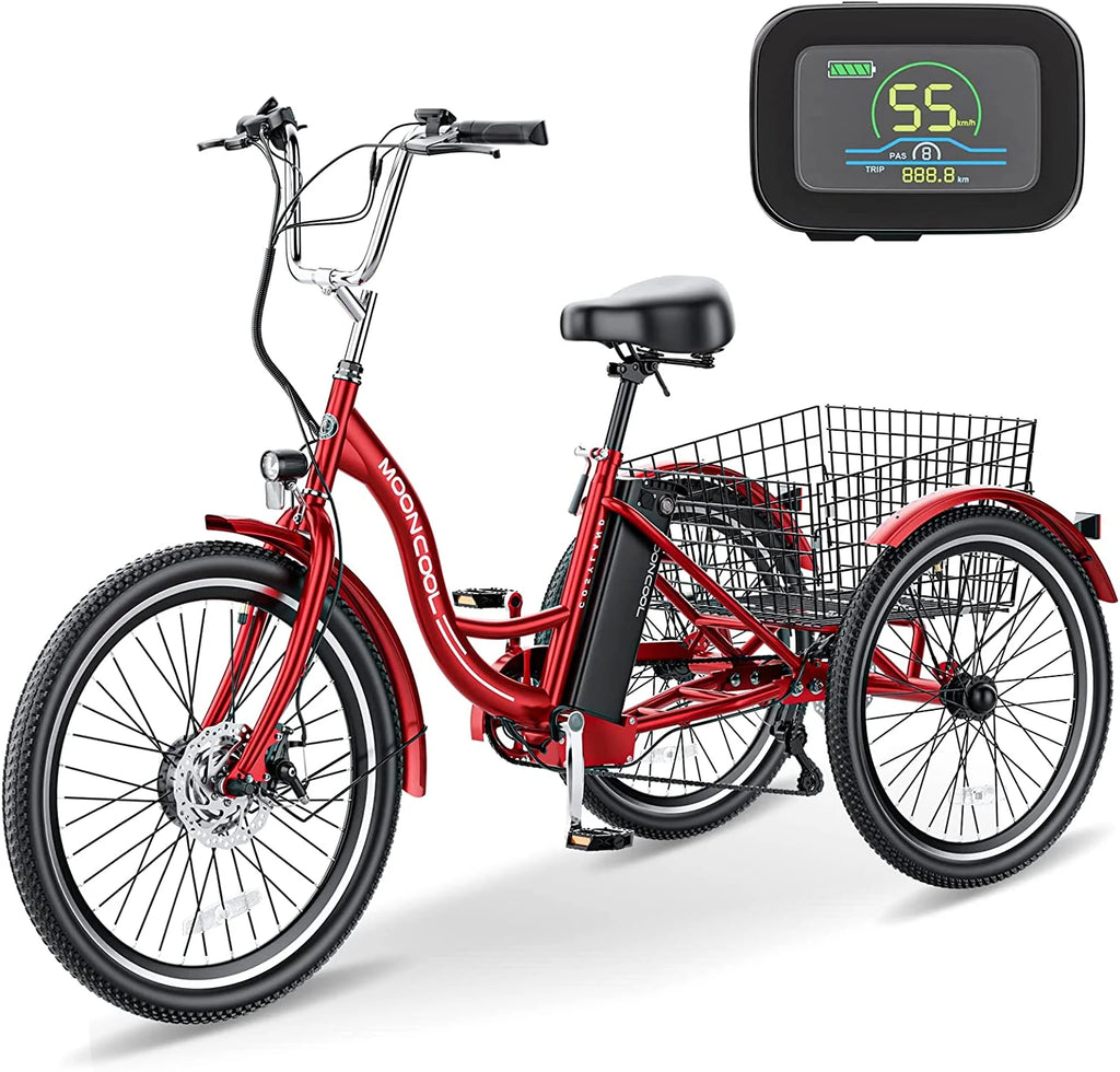 MOONCOOL 24"/26" Electric Tricycle for Adults, 350W 36V 7 Speeds Electric Trike Motorized Three Wheel Electric Bikes Bicycle with Large Basket for Women Men
