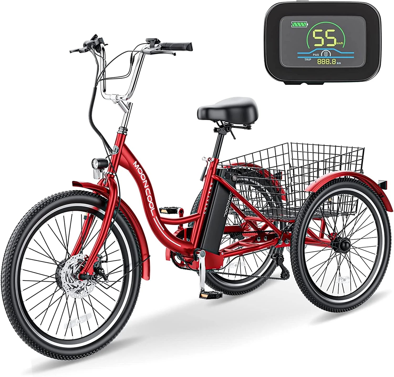MOONCOOL 24"/26" Electric Tricycle for Adults, 350W 36V 7 Speeds Electric Trike Motorized Three Wheel Electric Bikes Bicycle with Large Basket for Women Men