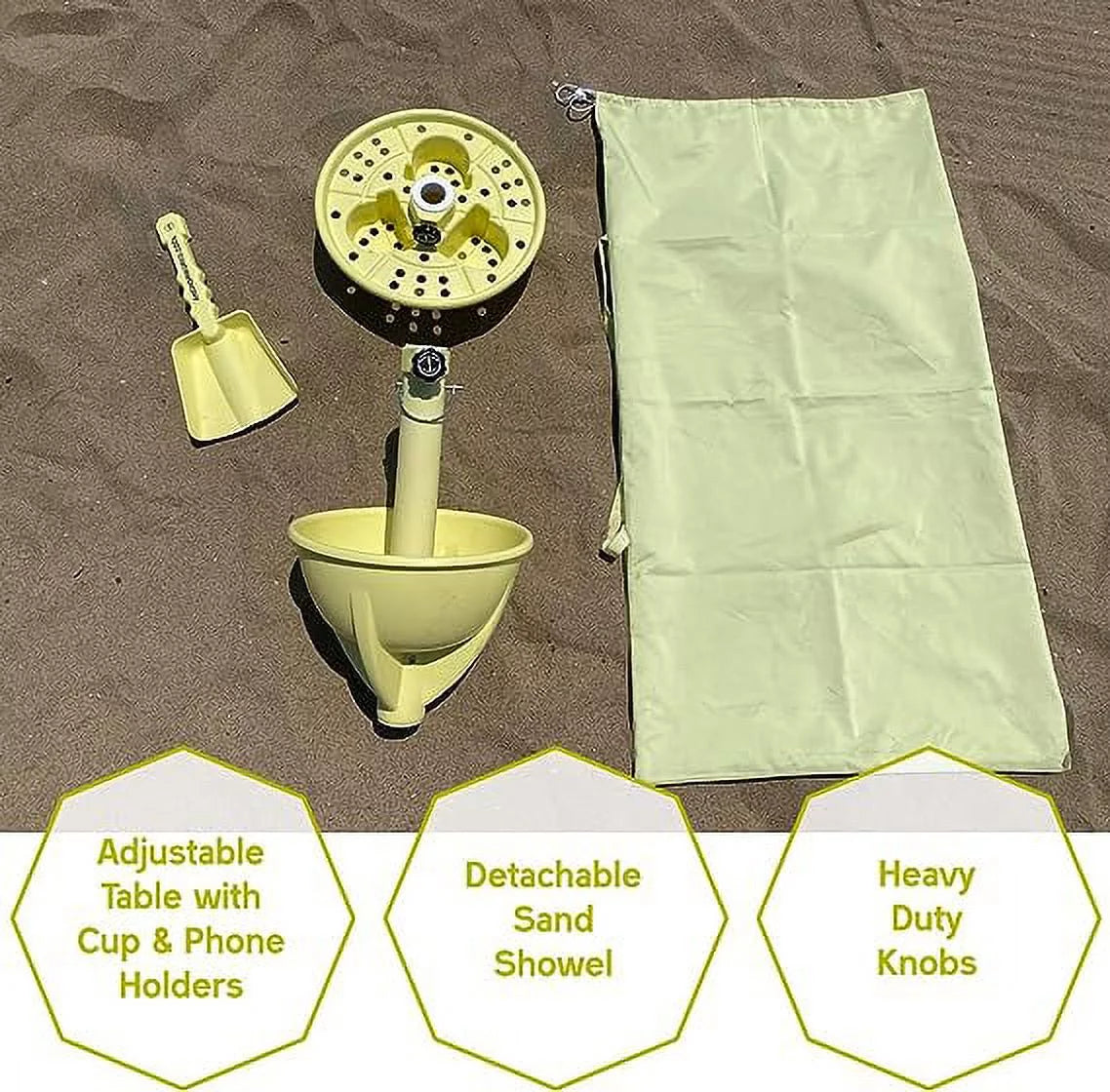 Anchor Works All-In-One Beach Umbrella System - Includes AnchorONE Sand Anchor, 7.5 foot Umbrella (50+ UPF), Carrying and Storage Bag, Shovel and Accessory Tray - 5 Great Color Options (Yellow)