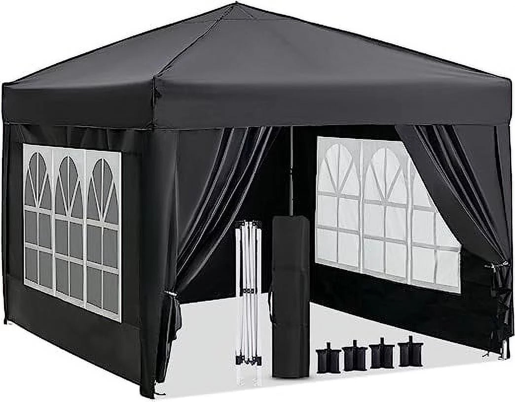 Suteck 10x10 FT Pop Up Canopy Tent with Sidewalls,Outdoor Waterproof Canopy Tents for Backyard Parties,Outside Instant Commercial Enclosed Gazebo Tent with 4 Weight Bags,Black