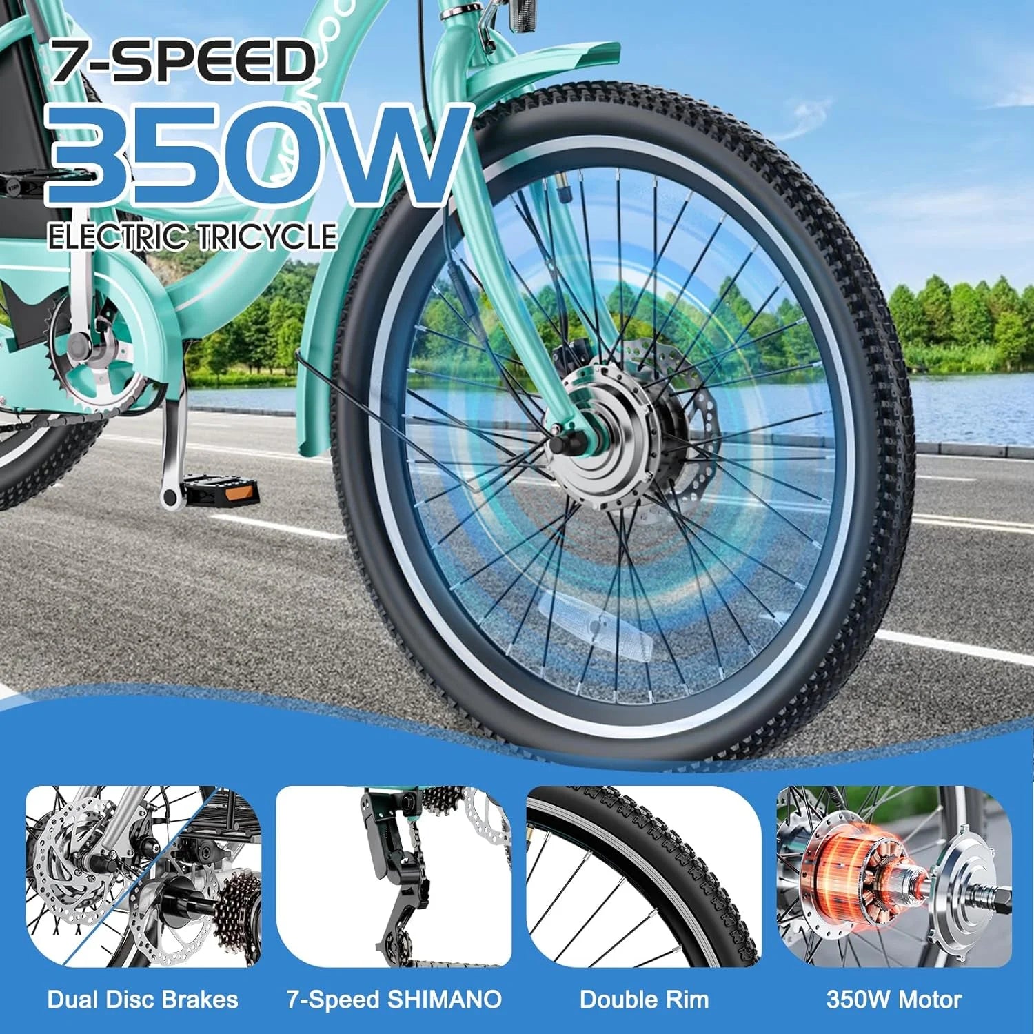 Mooncool 24" 26" 3 Wheel Electric Tricycle for Adults, 350W 36V 7 Speeds Motorized Electric Trike Three Wheel Electric Bikes Bicycle with Large Basket & Accessories for Women Men