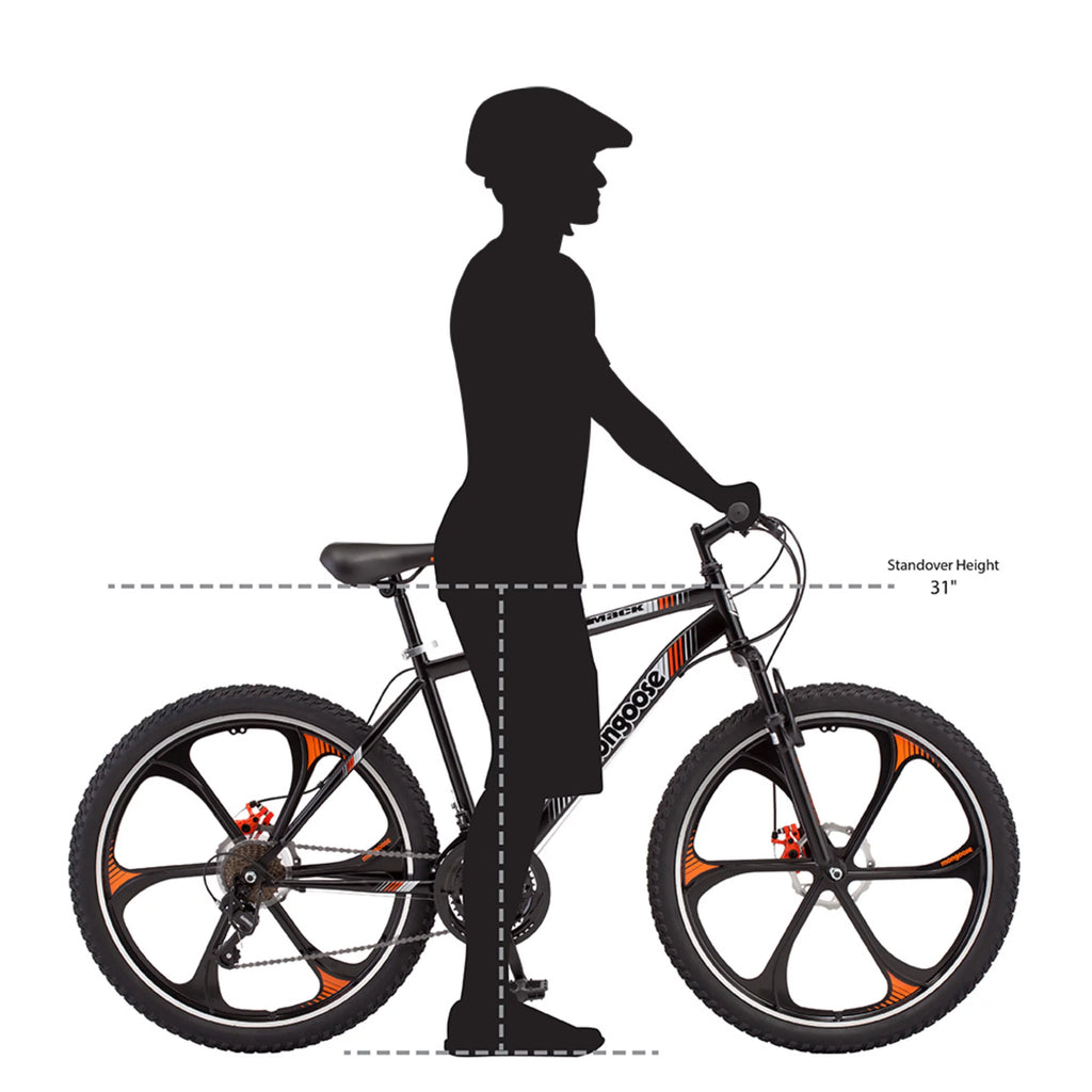 Mongoose Mack Mag Wheel Mountain Bike, 26" Wheels, 21 Speeds Shimano Revo Twist Shifters, Men's Frame, Orange & White On Black